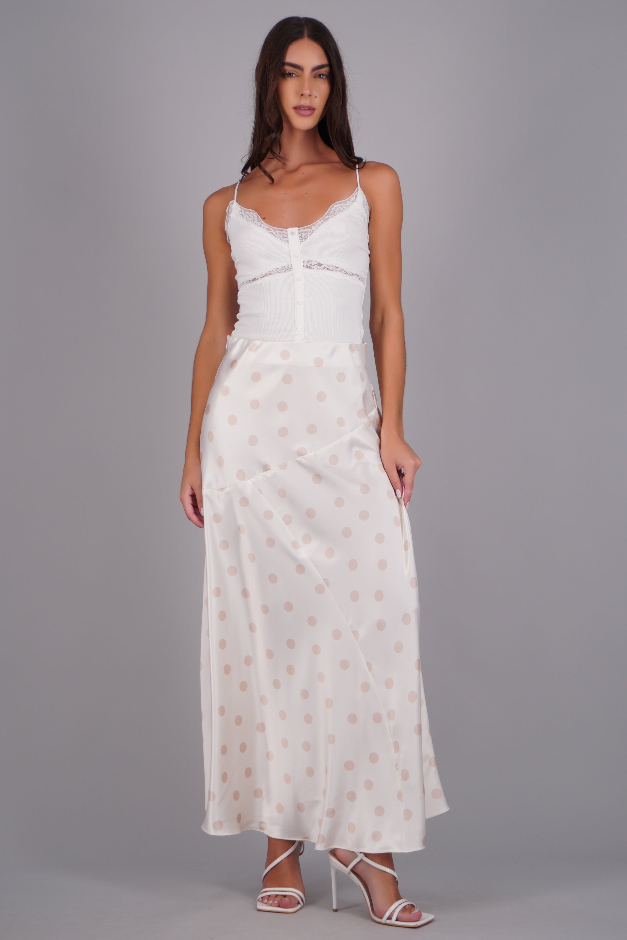 Falda midi de satin polka dots BEIGE