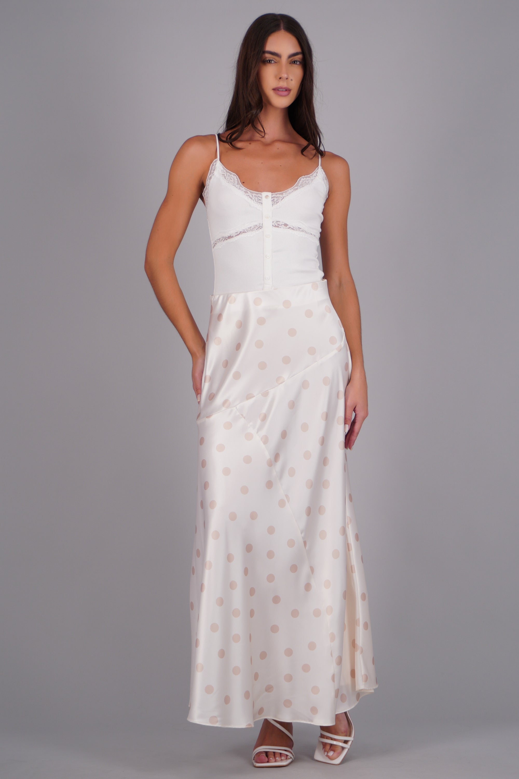 Falda midi de satin polka dots BEIGE