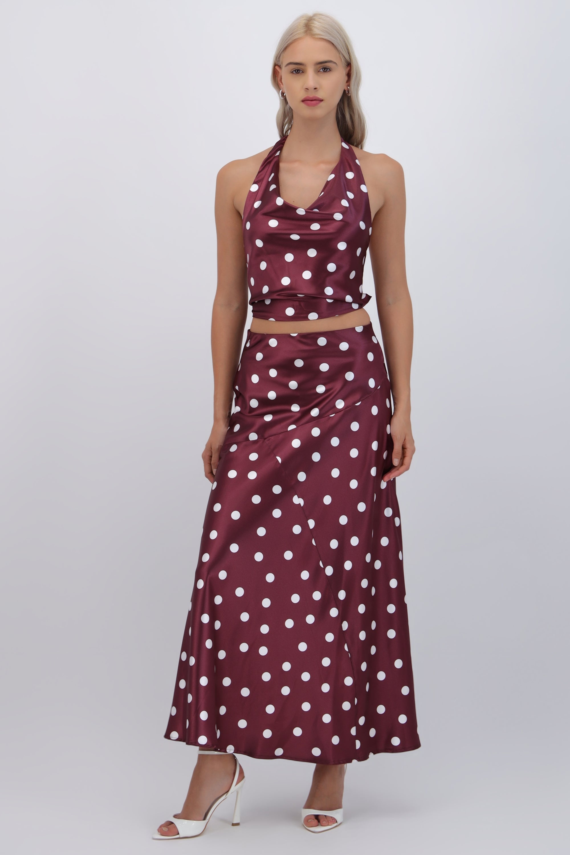 Falda midi de satin polka dots