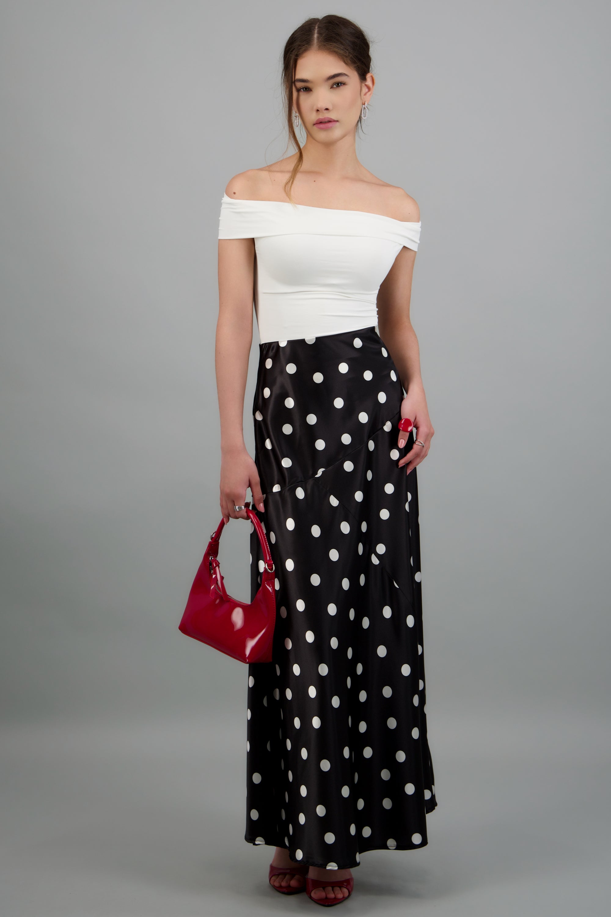 Falda midi de satin polka dots NEGRO COMBO