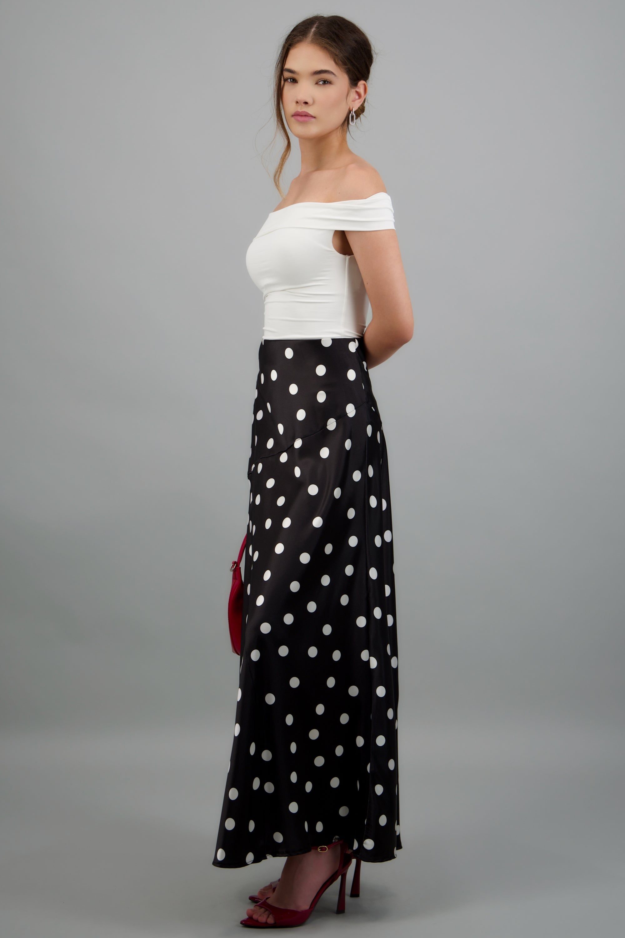 Falda midi de satin polka dots NEGRO COMBO