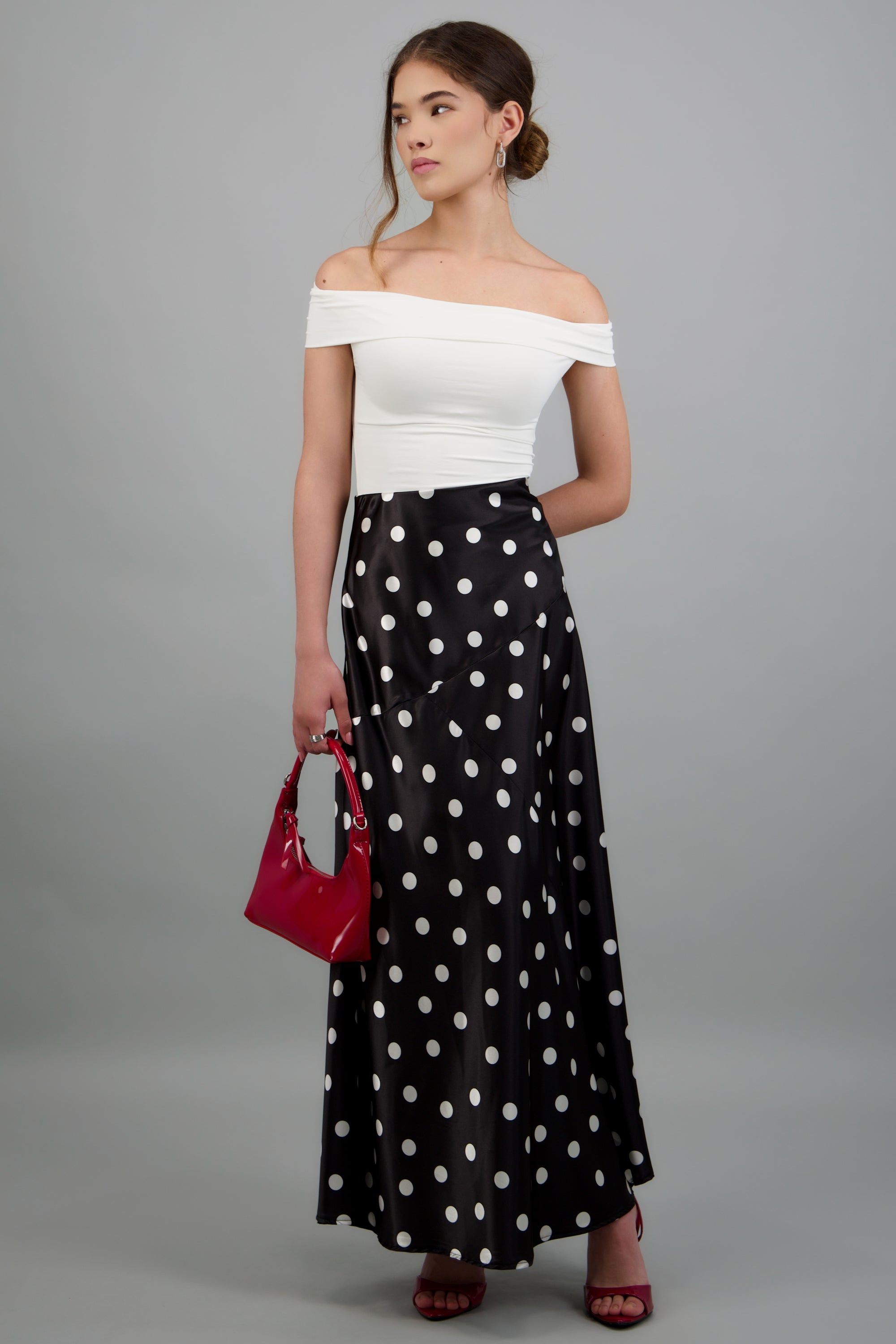 Falda midi de satin polka dots NEGRO COMBO