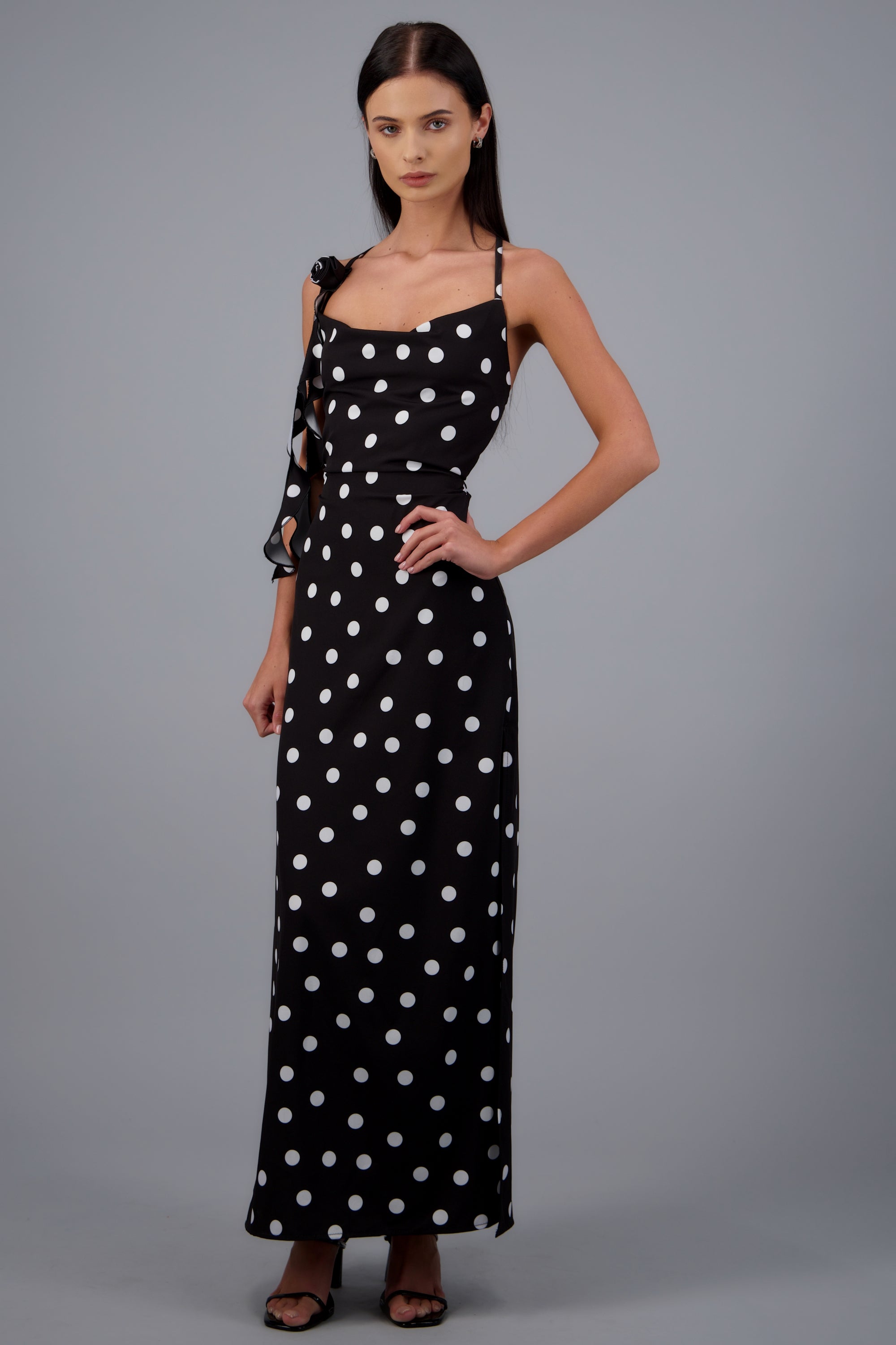 Vestido midi halter polka dots NEGRO COMBO