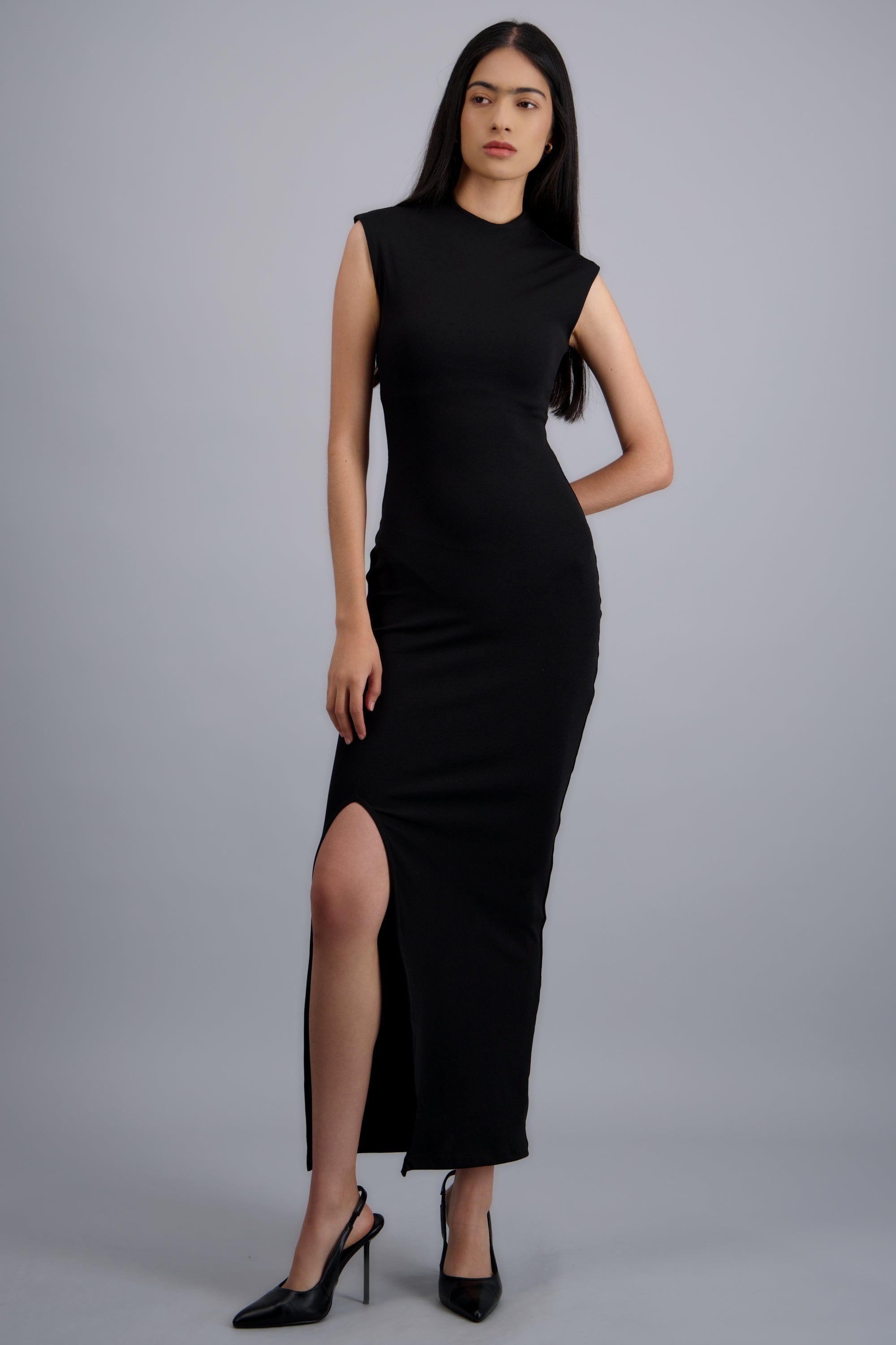 Vestido maxi rib sin mangas cuello redondo NEGRO