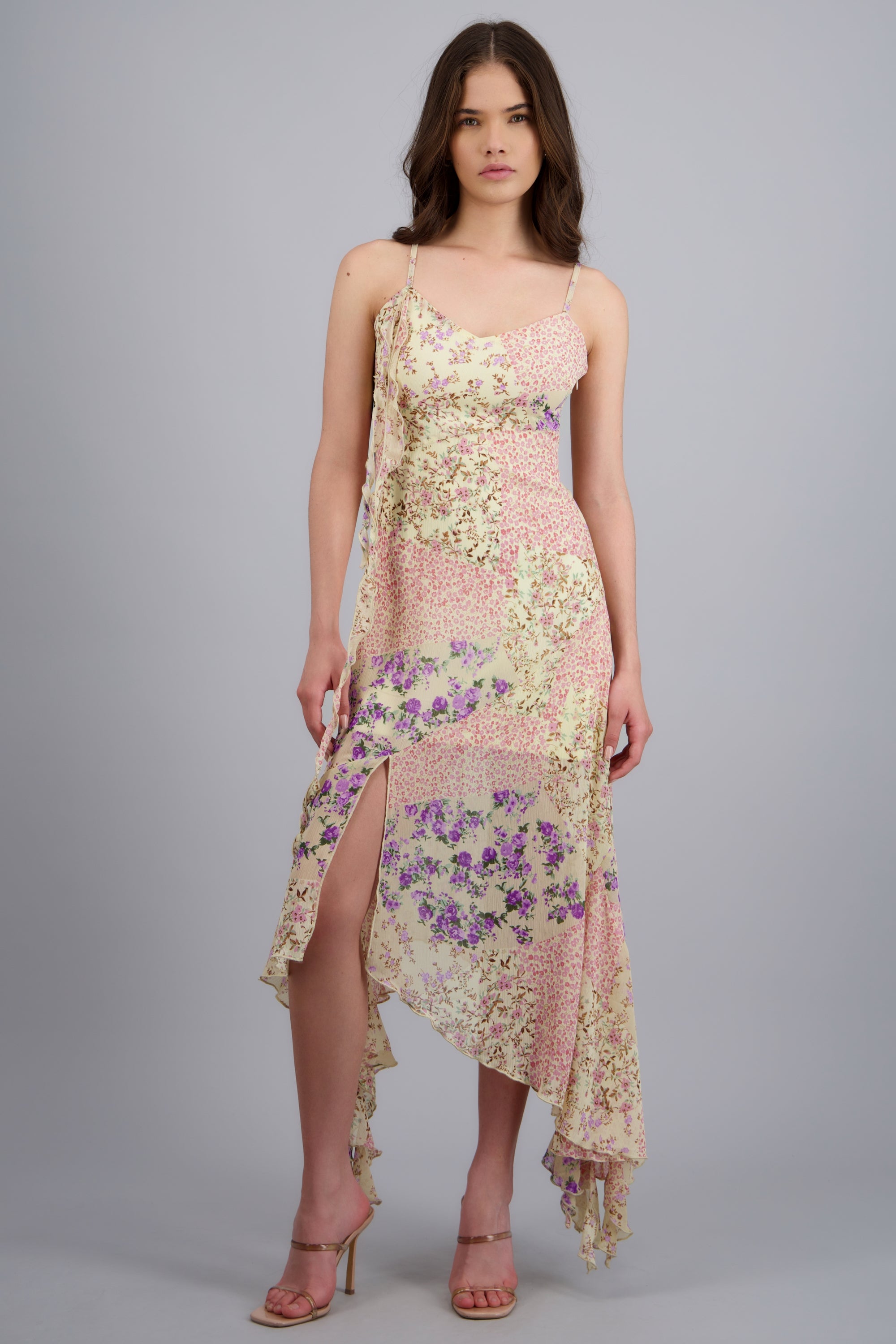 Vestido midi asimetrico tirantes ROSA COMBO
