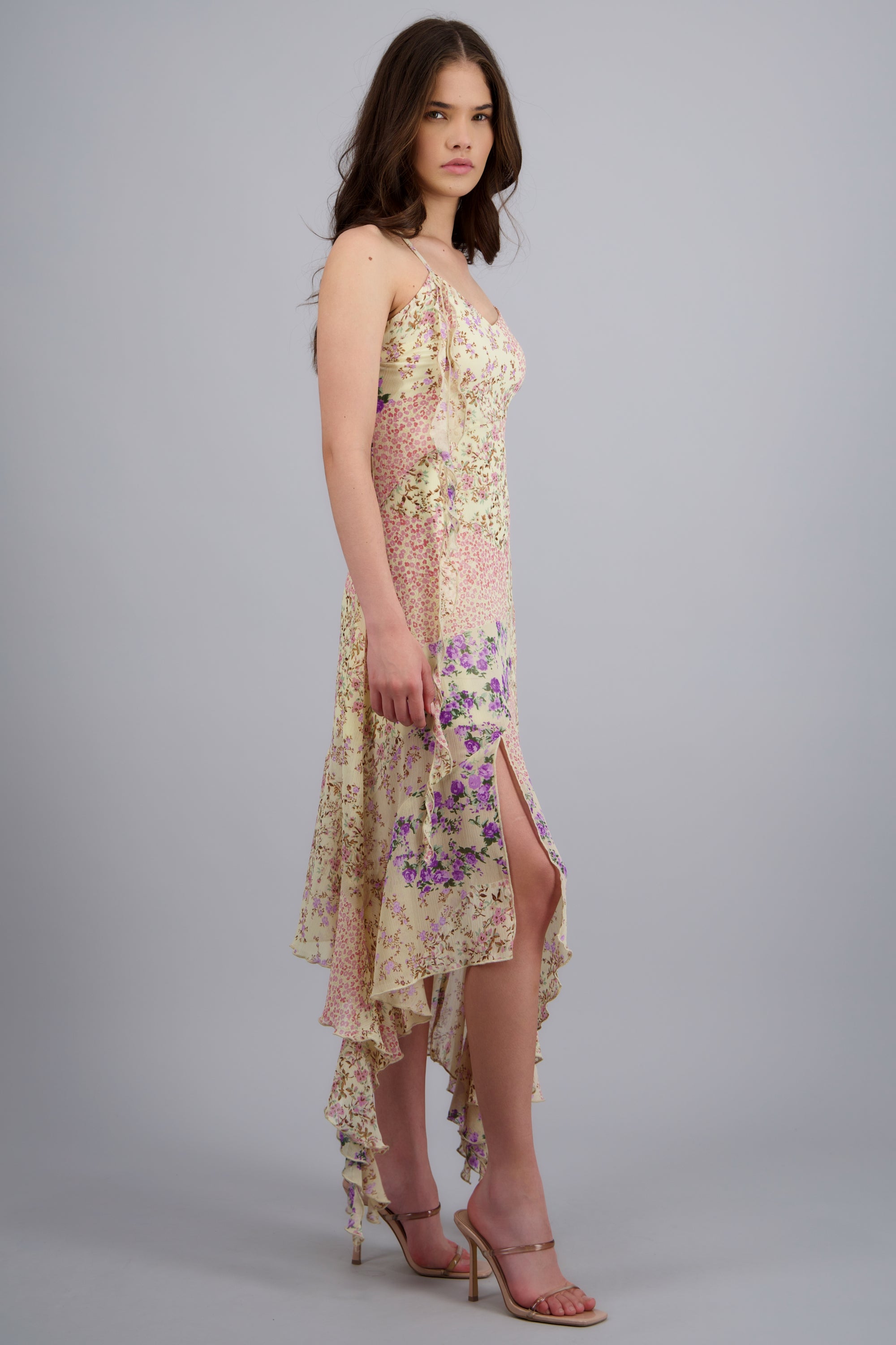 Vestido midi asimetrico tirantes ROSA COMBO