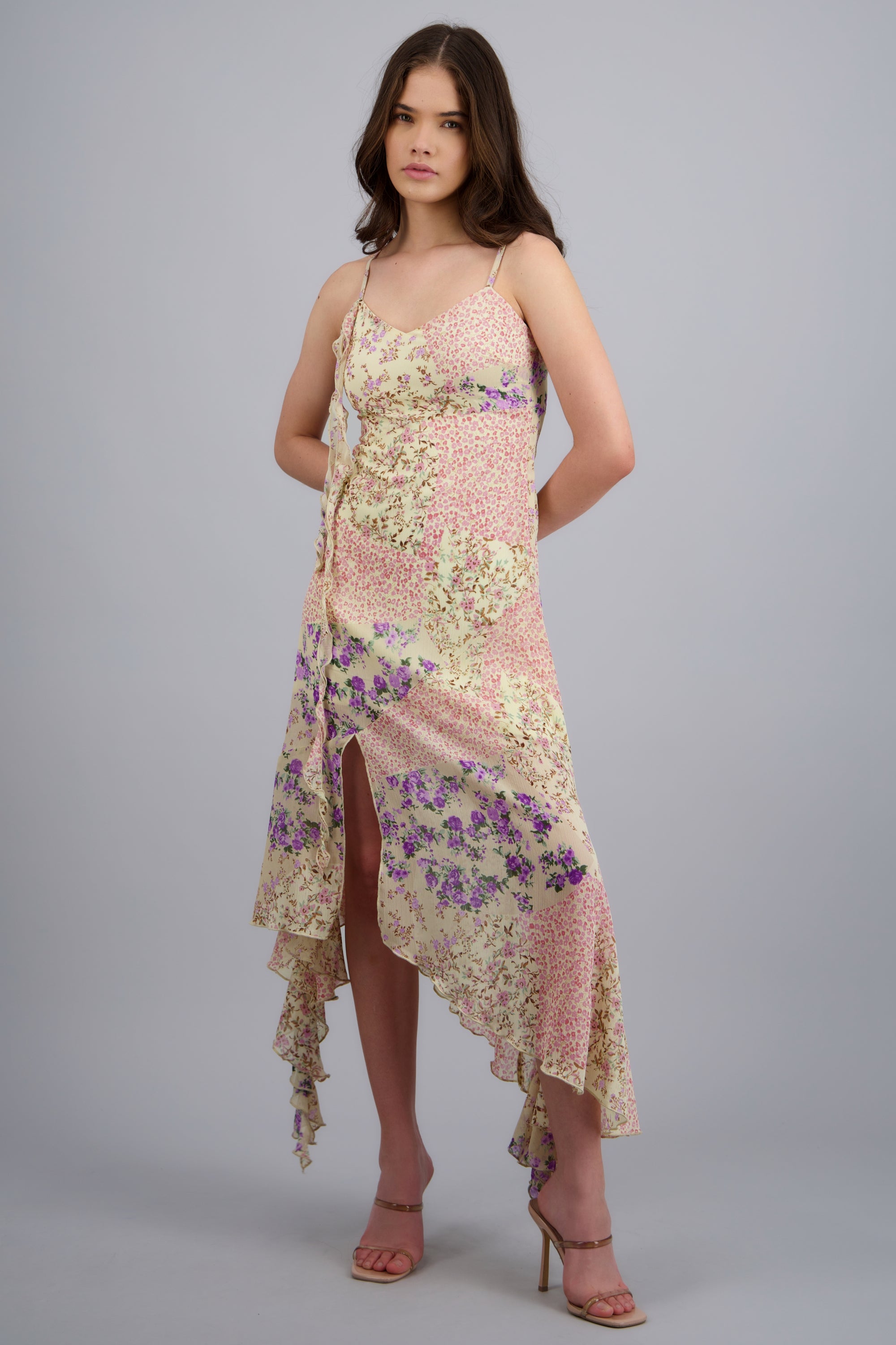 Vestido midi asimetrico tirantes ROSA COMBO