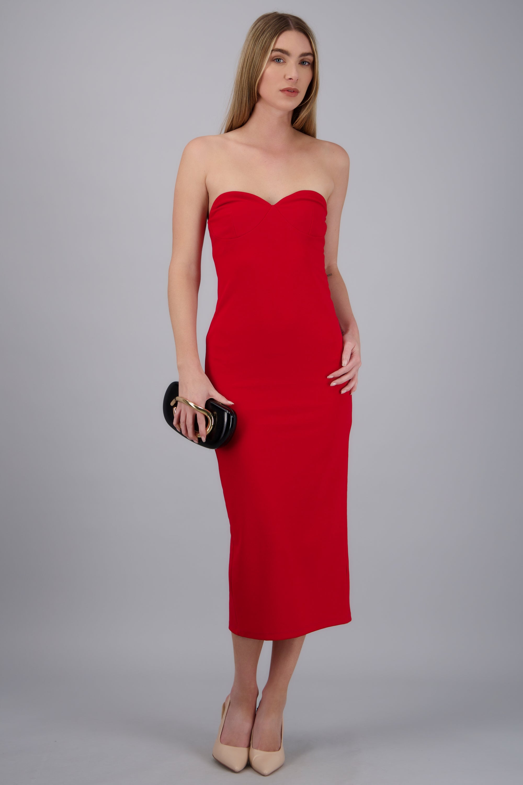 Vestido midi strapless escote corazón ROJO