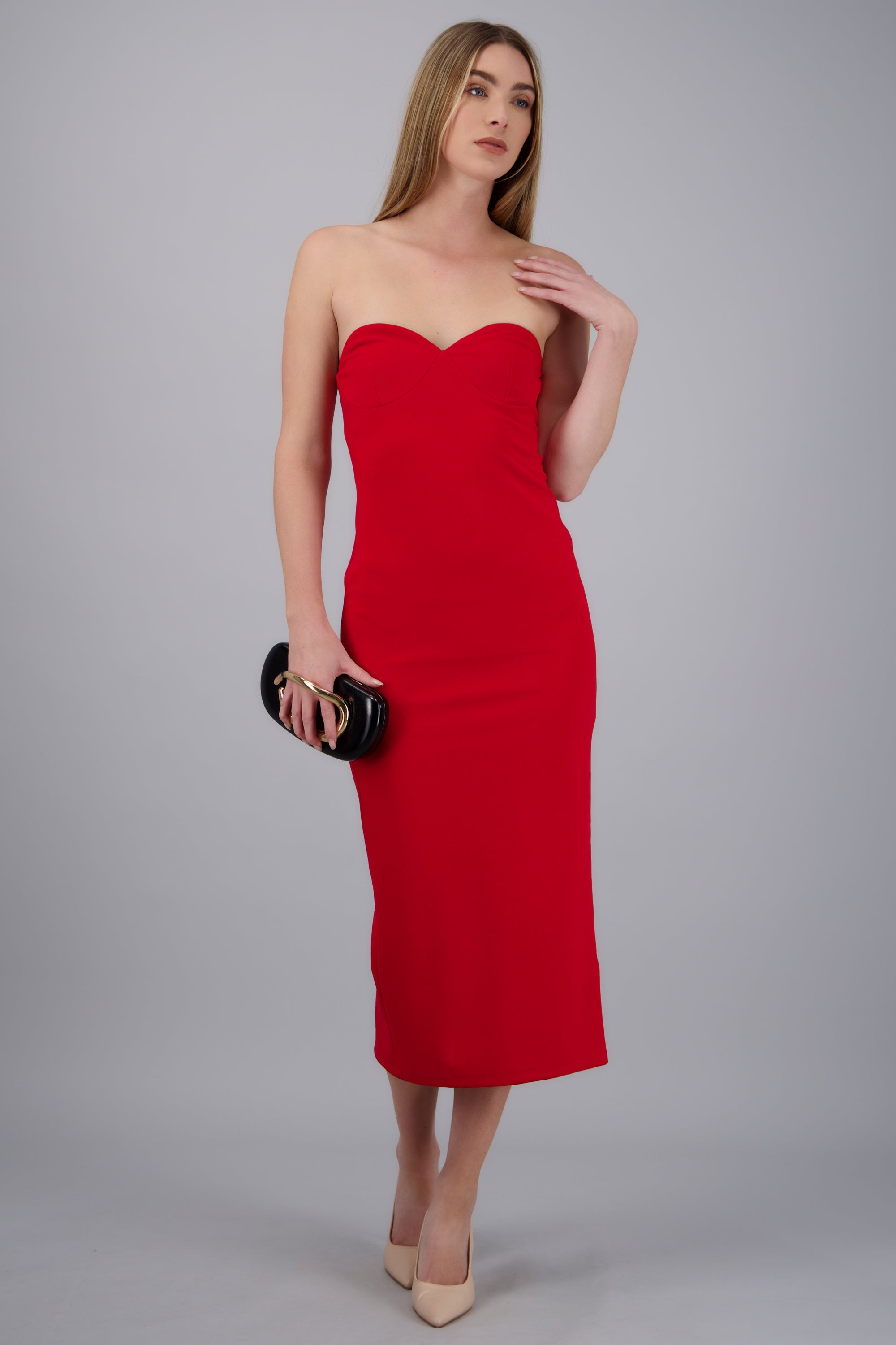 Vestido midi strapless escote corazón ROJO