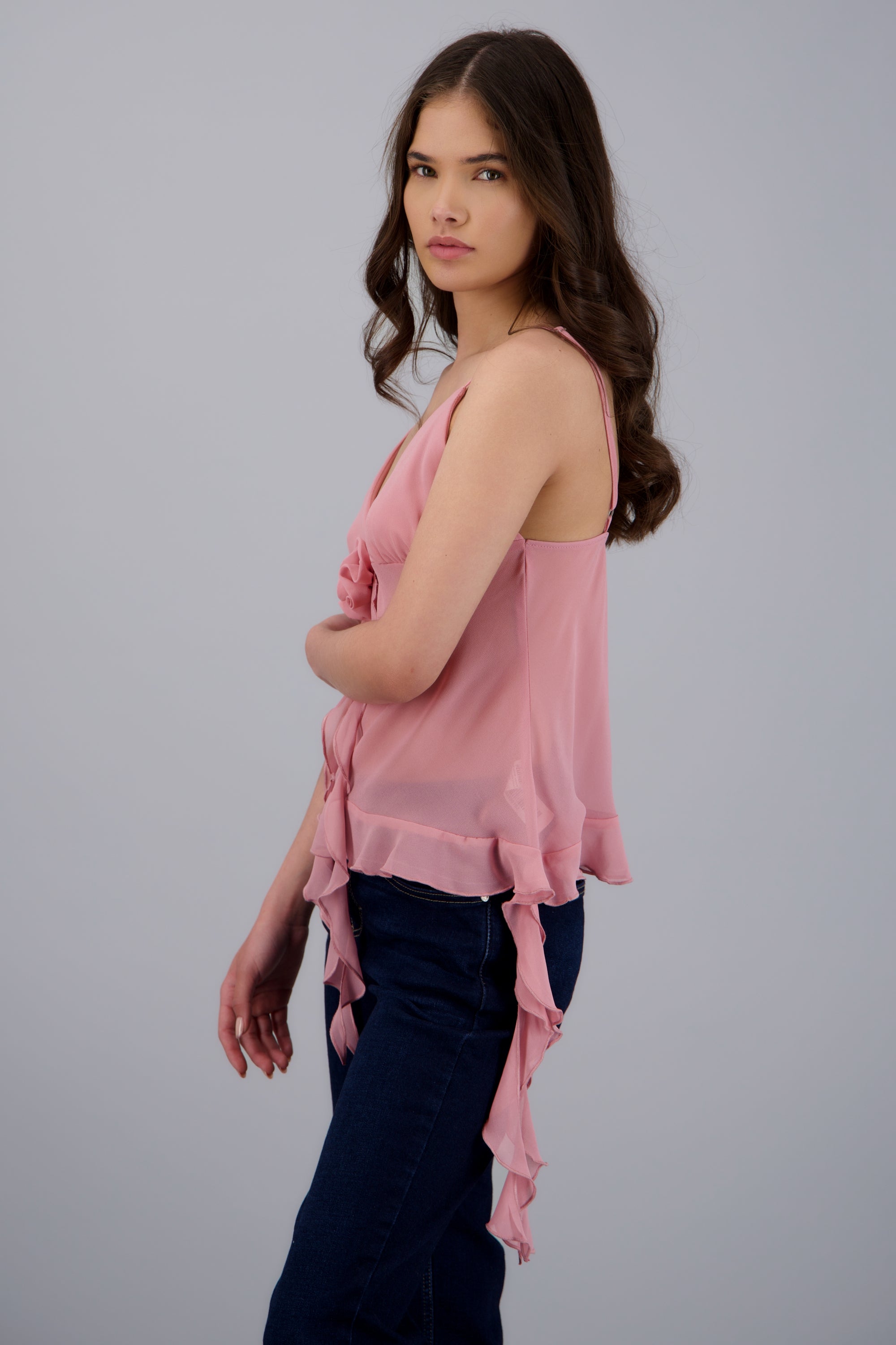 Blusa tirantes detalle ruffles ROSA PASTEL