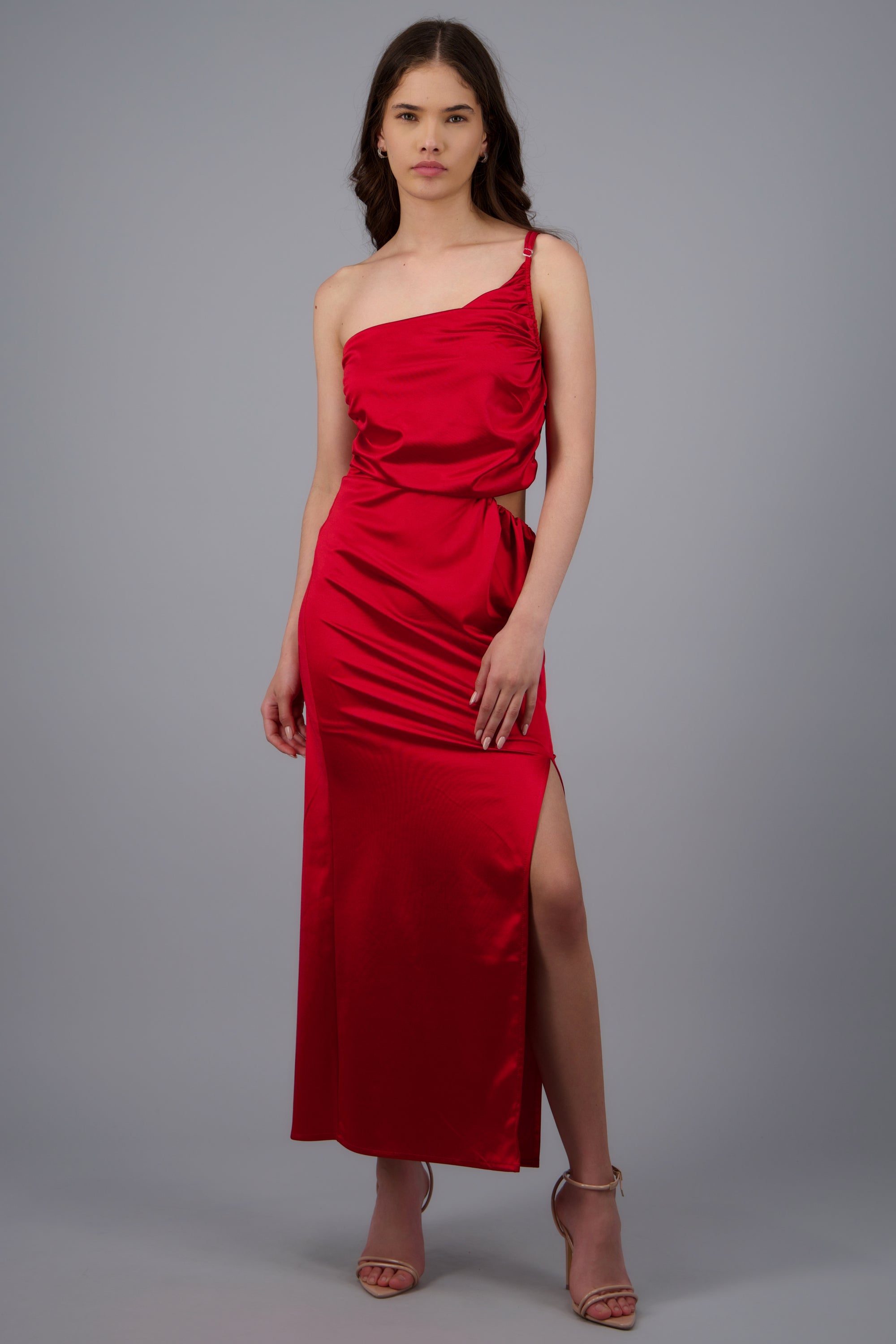 Vestido maxi asimetrico satin ROJO