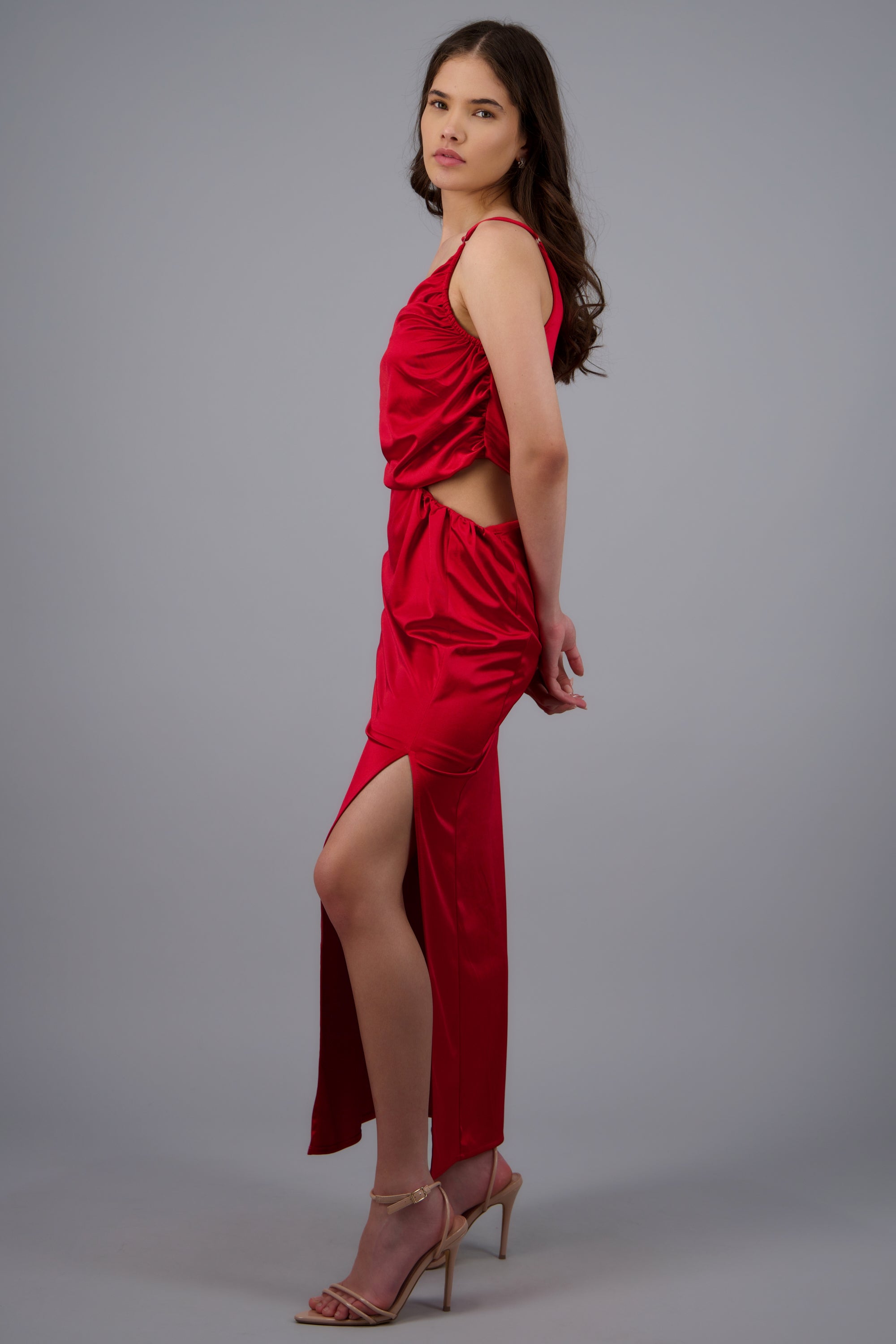 Vestido maxi asimetrico satin ROJO