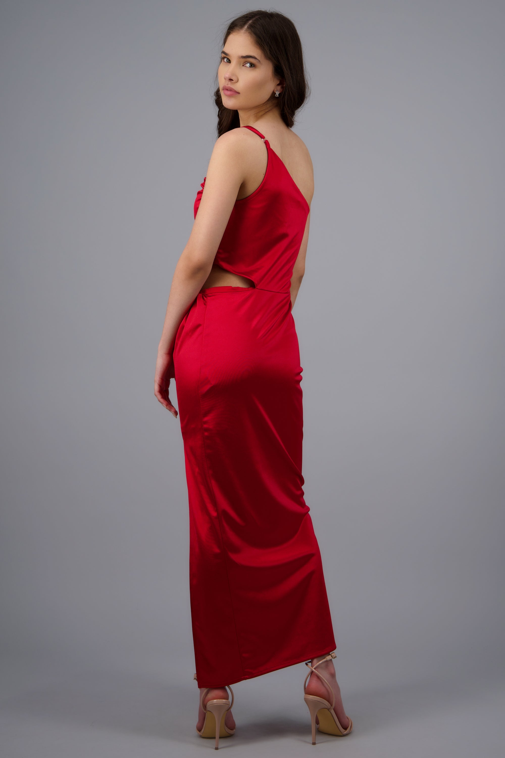 Vestido maxi asimetrico satin ROJO