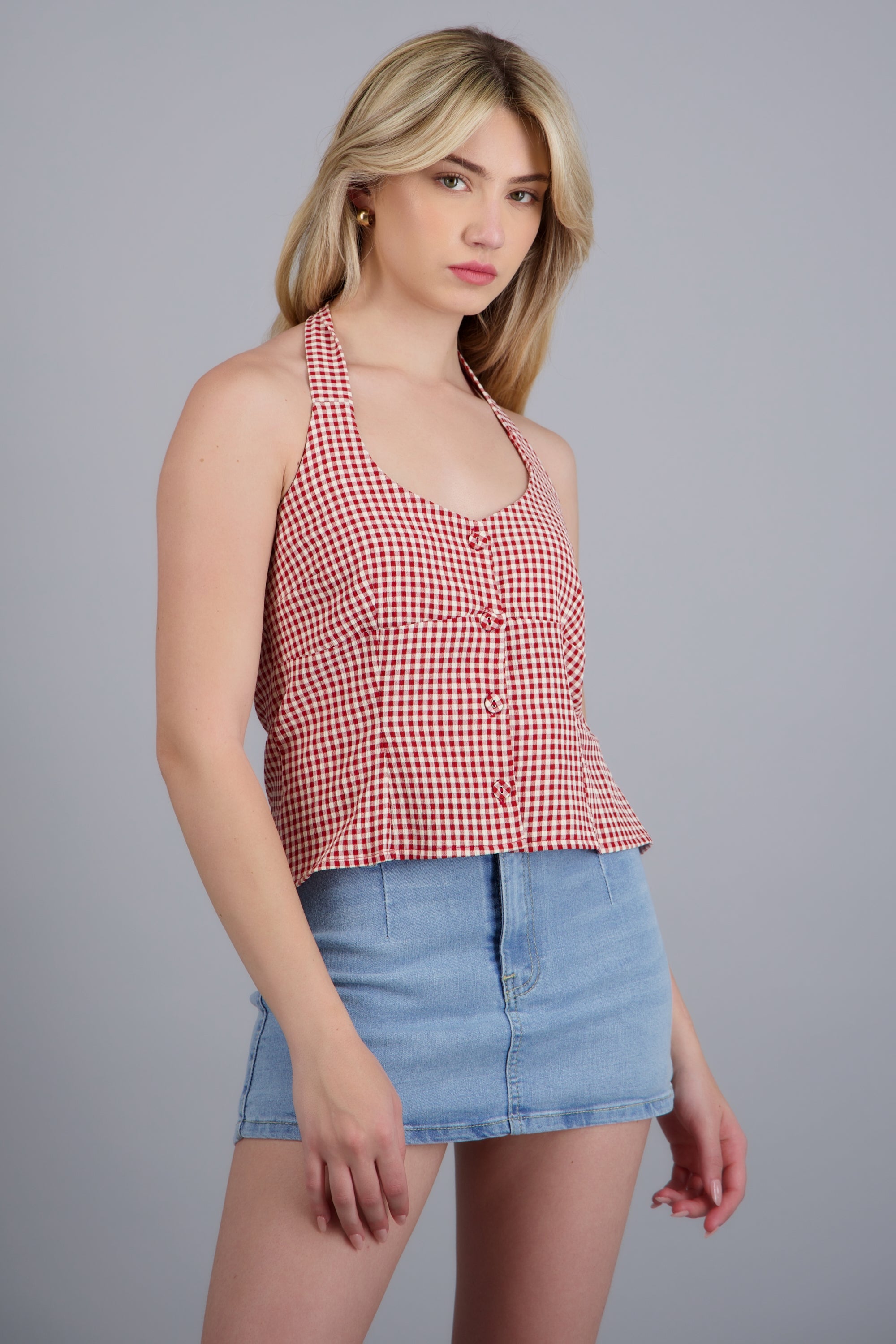 Top halter detalle botones ginham ROJO COMBO