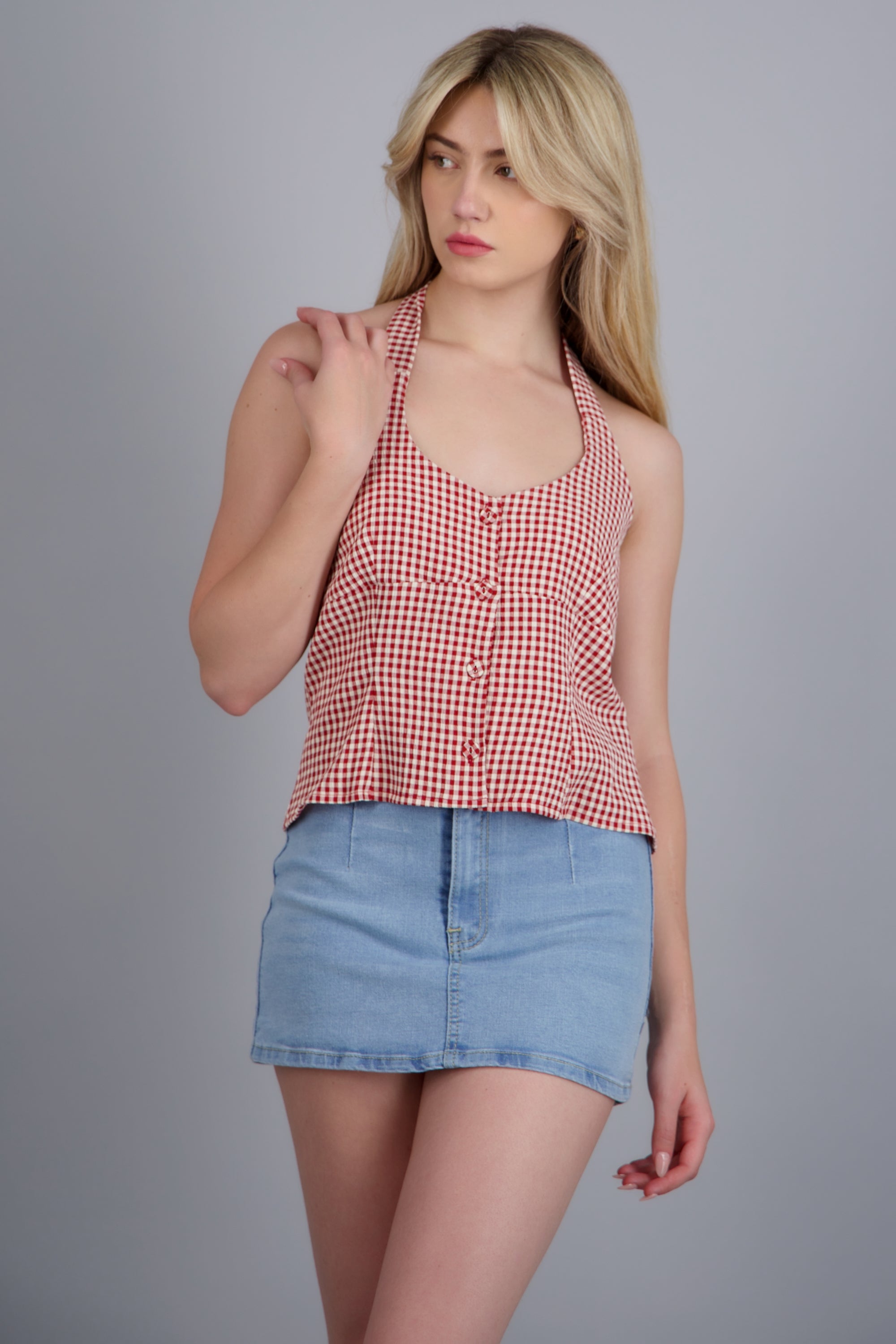 Top halter detalle botones ginham ROJO COMBO