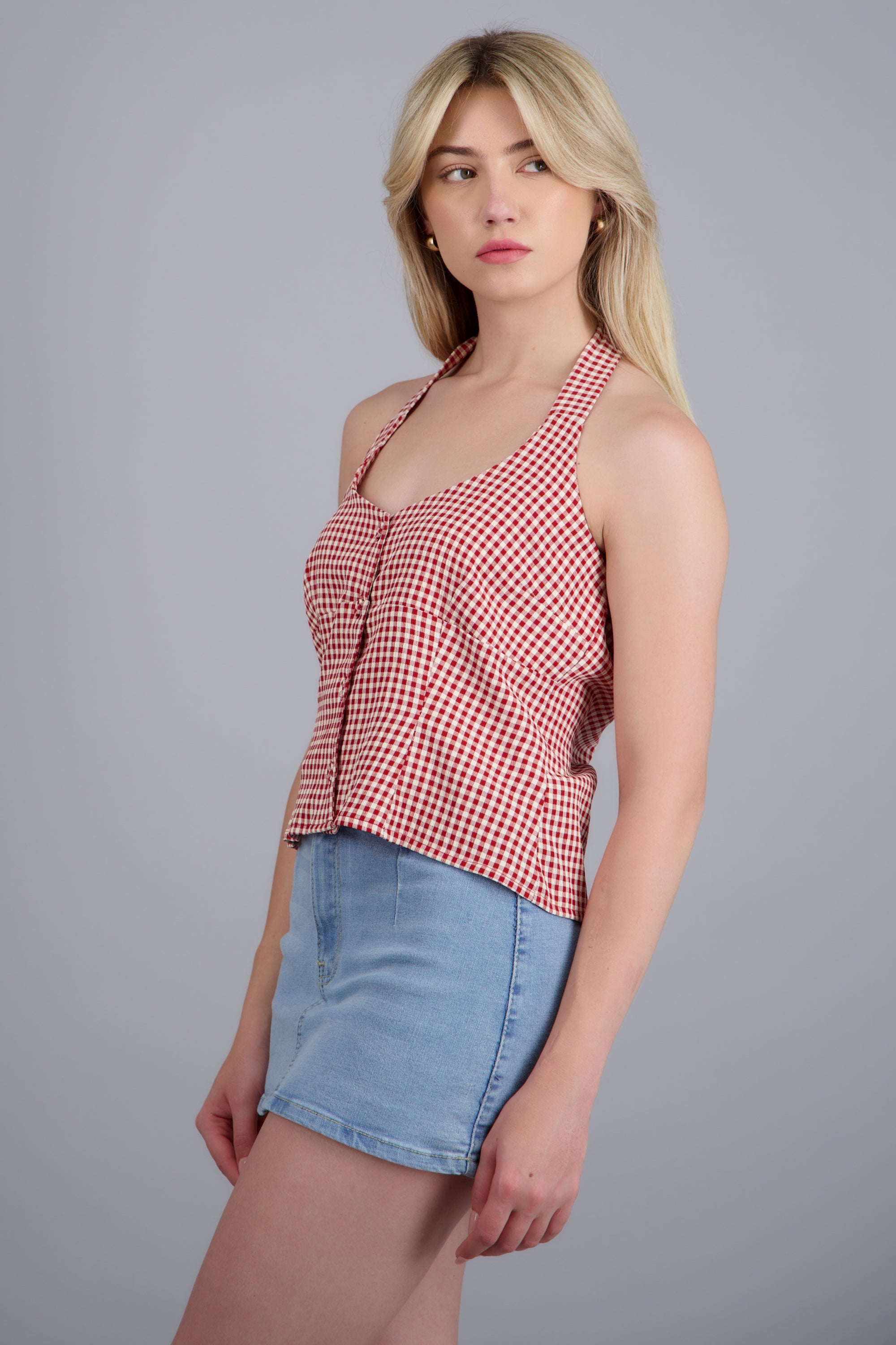 Top halter detalle botones ginham ROJO COMBO