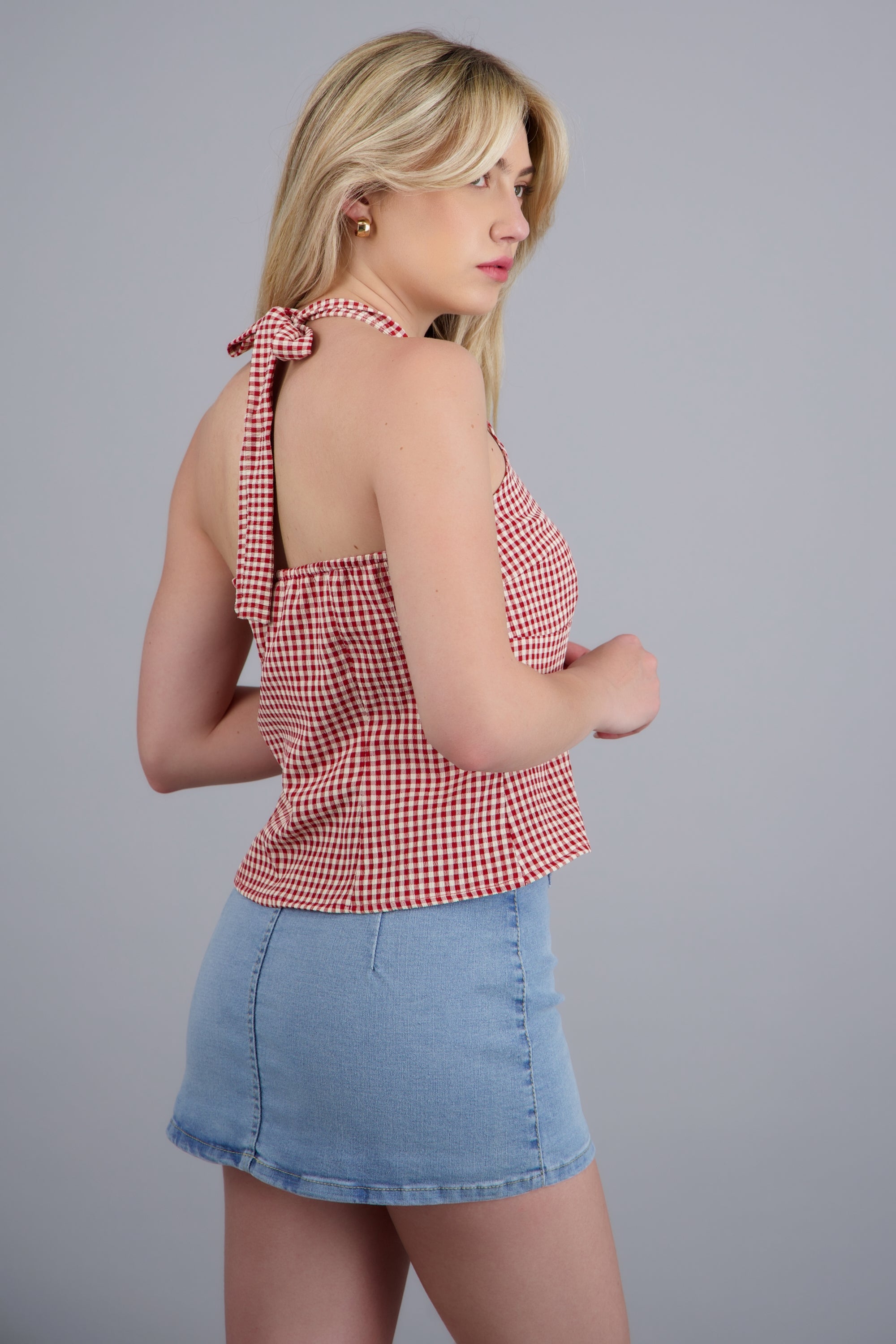 Top halter detalle botones ginham ROJO COMBO