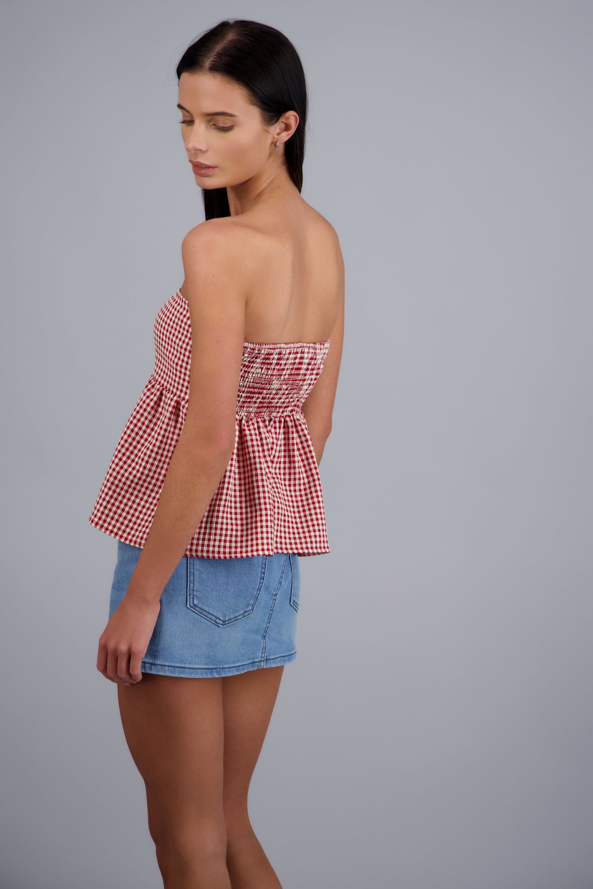 Blusa strapples estampado ginham ROJO COMBO