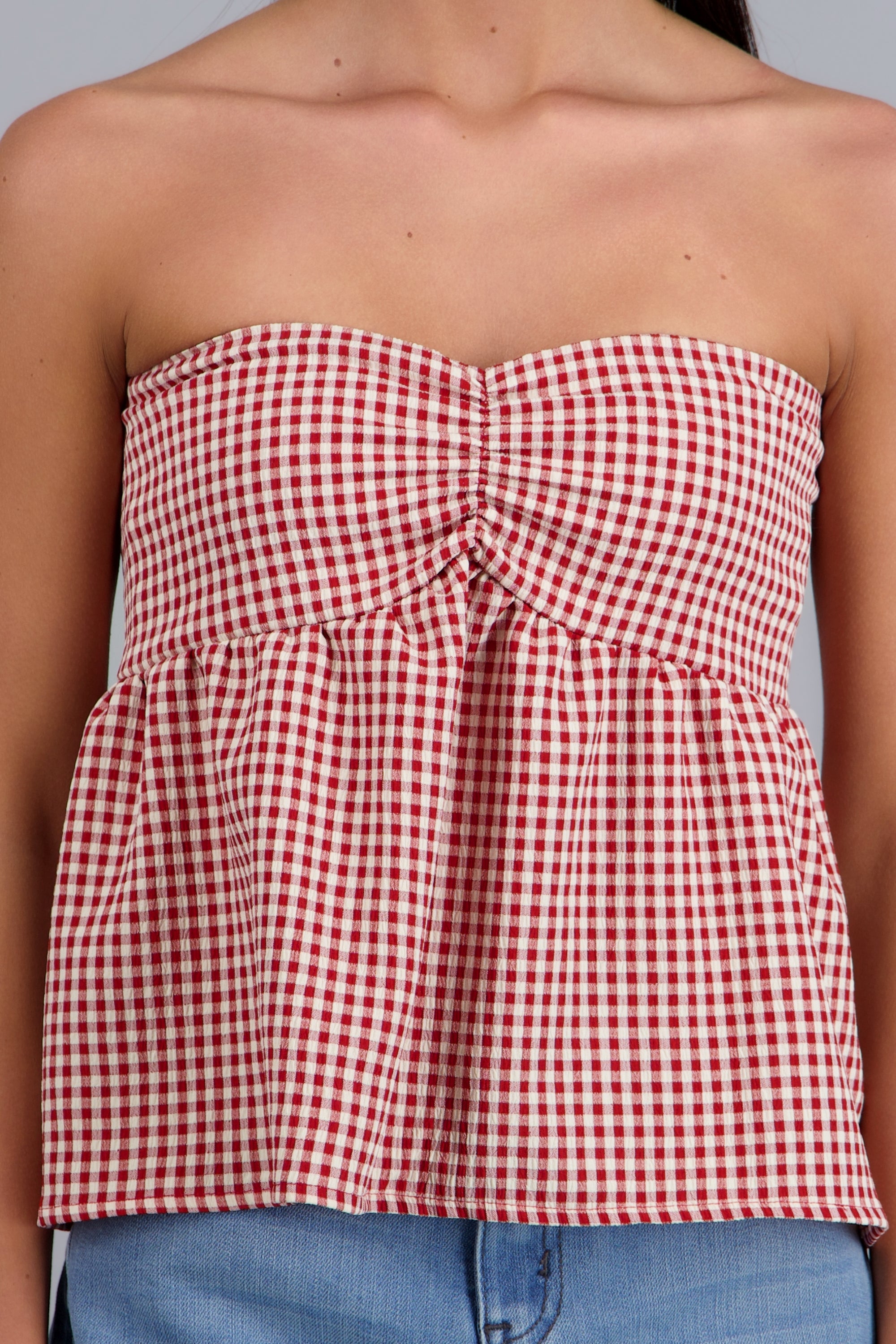 Blusa strapples estampado ginham ROJO COMBO