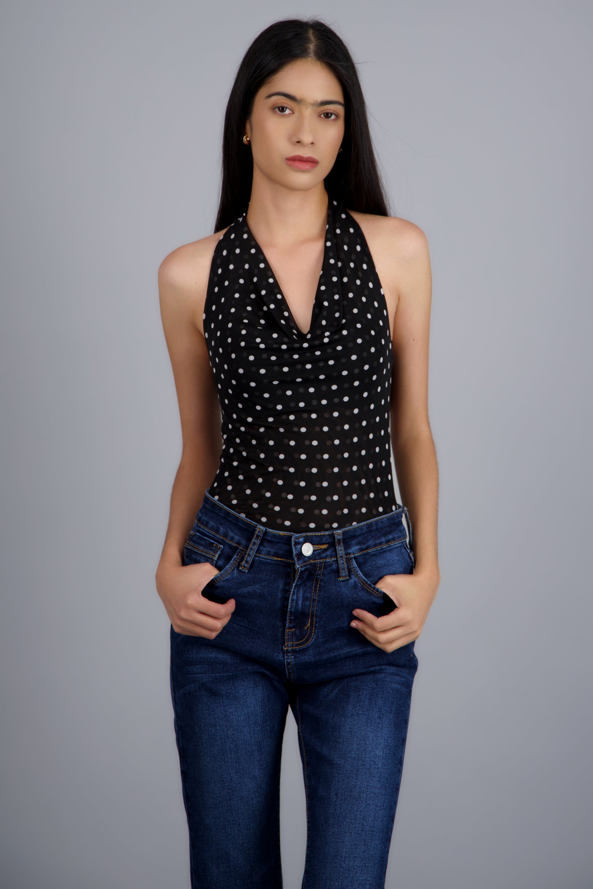Body halter mesh cuello cascada polka dots NEGRO COMBO