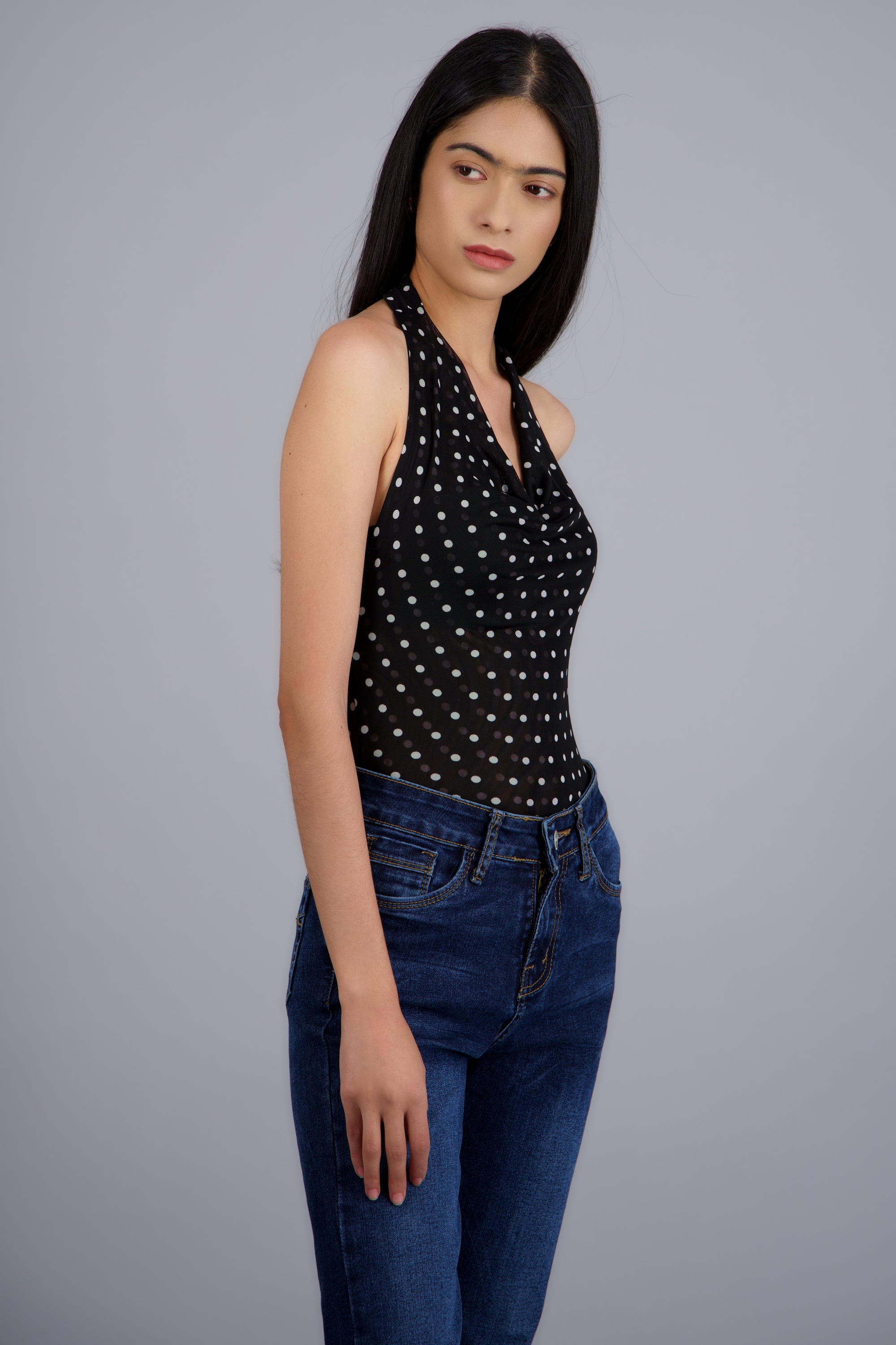 Body halter mesh cuello cascada polka dots NEGRO COMBO