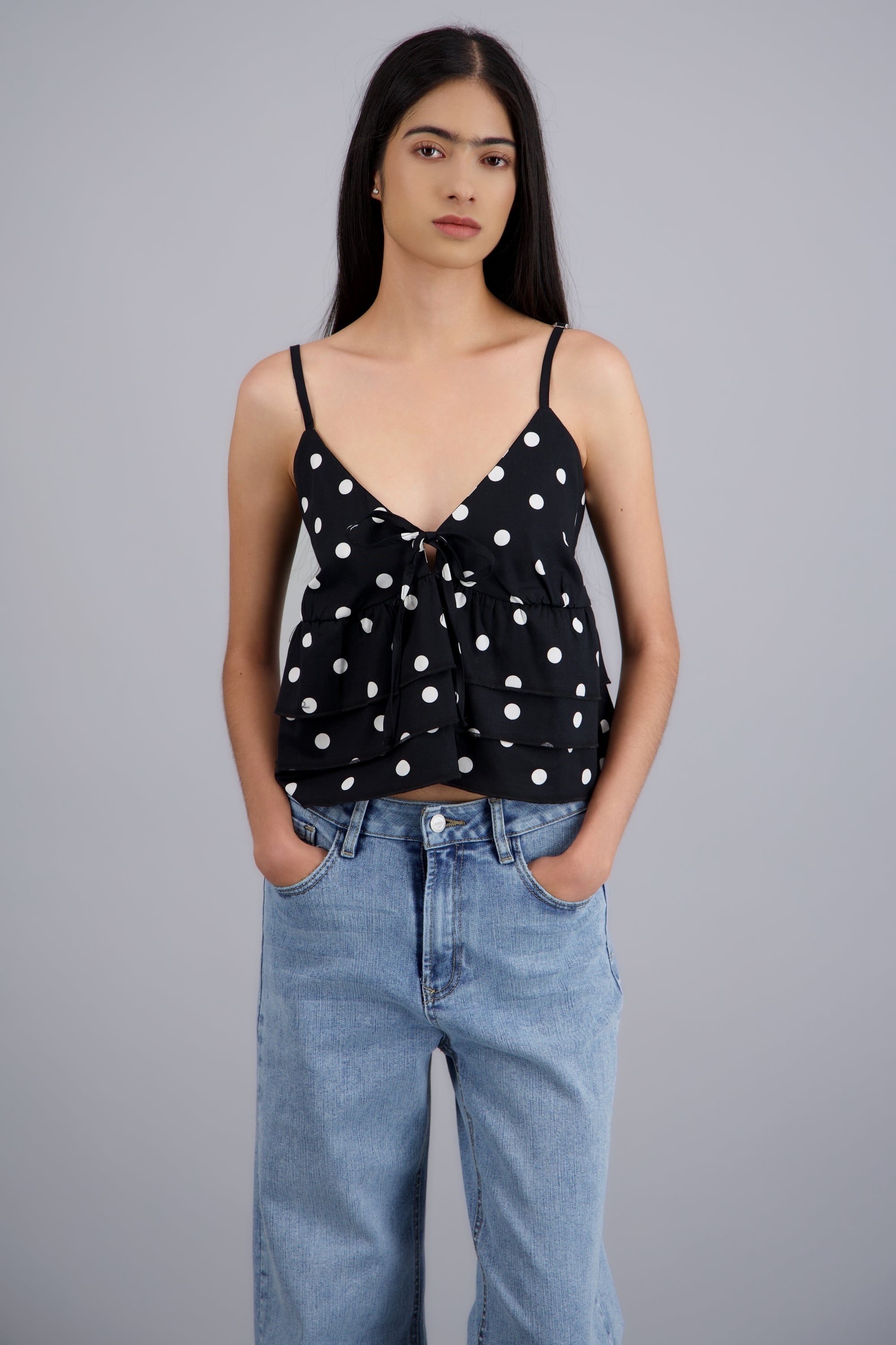 Blusa tirantes detalle olanes polka NEGRO COMBO