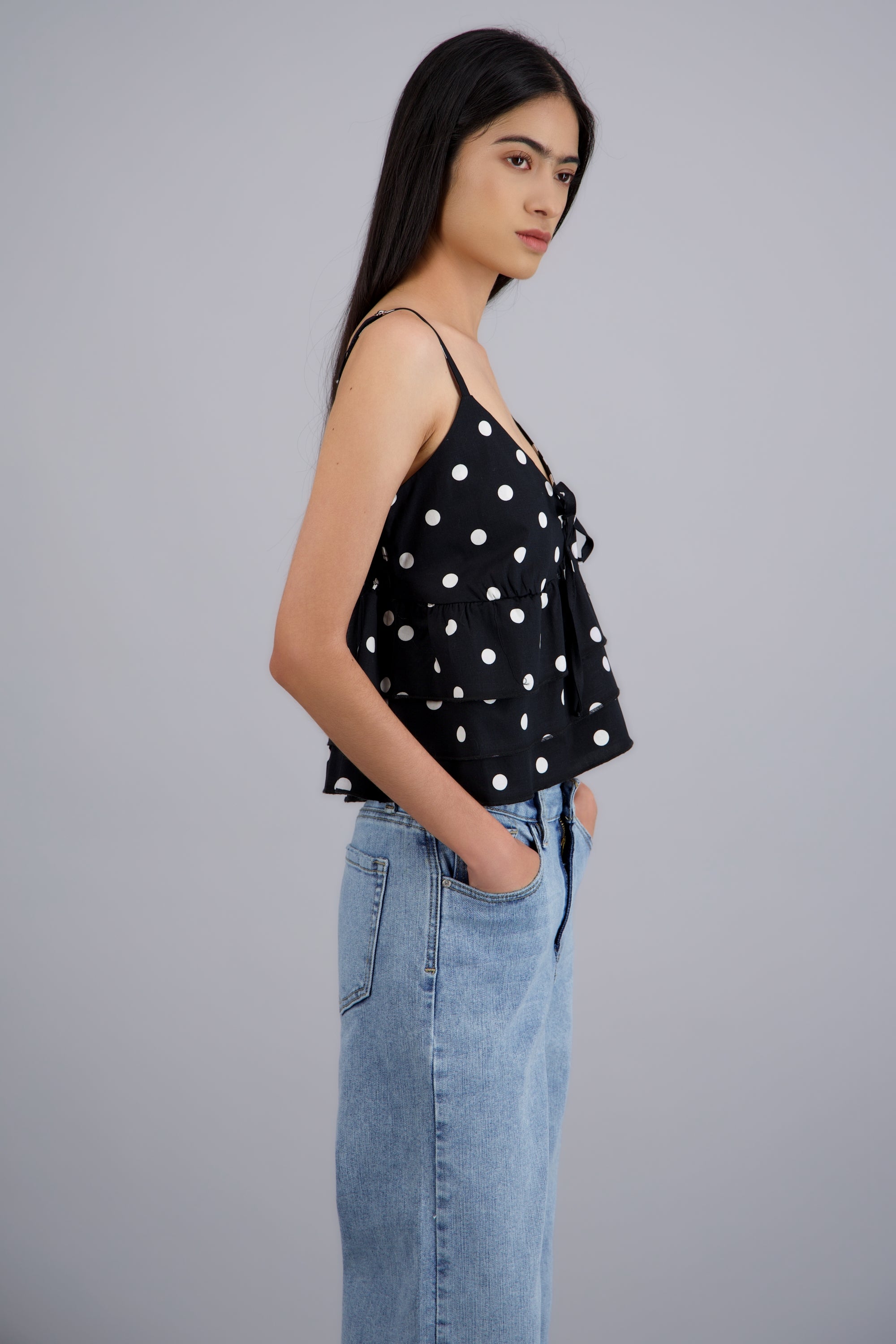 Blusa tirantes detalle olanes polka NEGRO COMBO