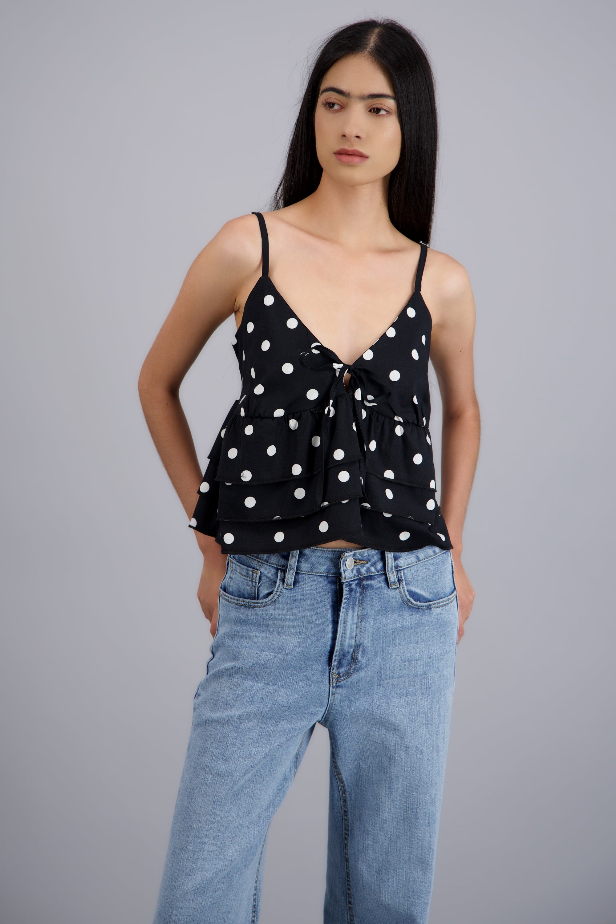 Blusa tirantes detalle olanes polka NEGRO COMBO