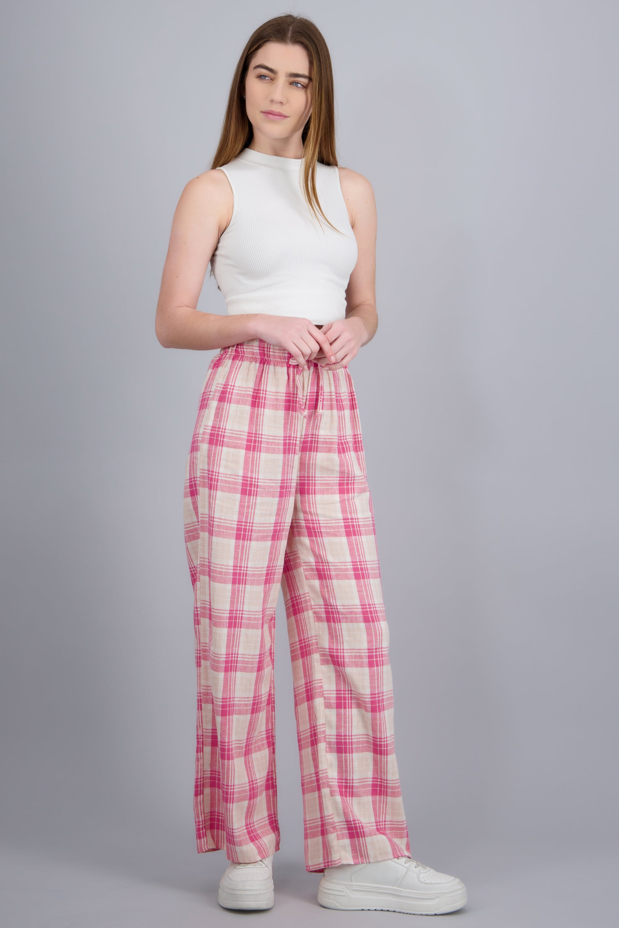 Pantalon wide leg detalle resorte cuadros ROSA COMBO