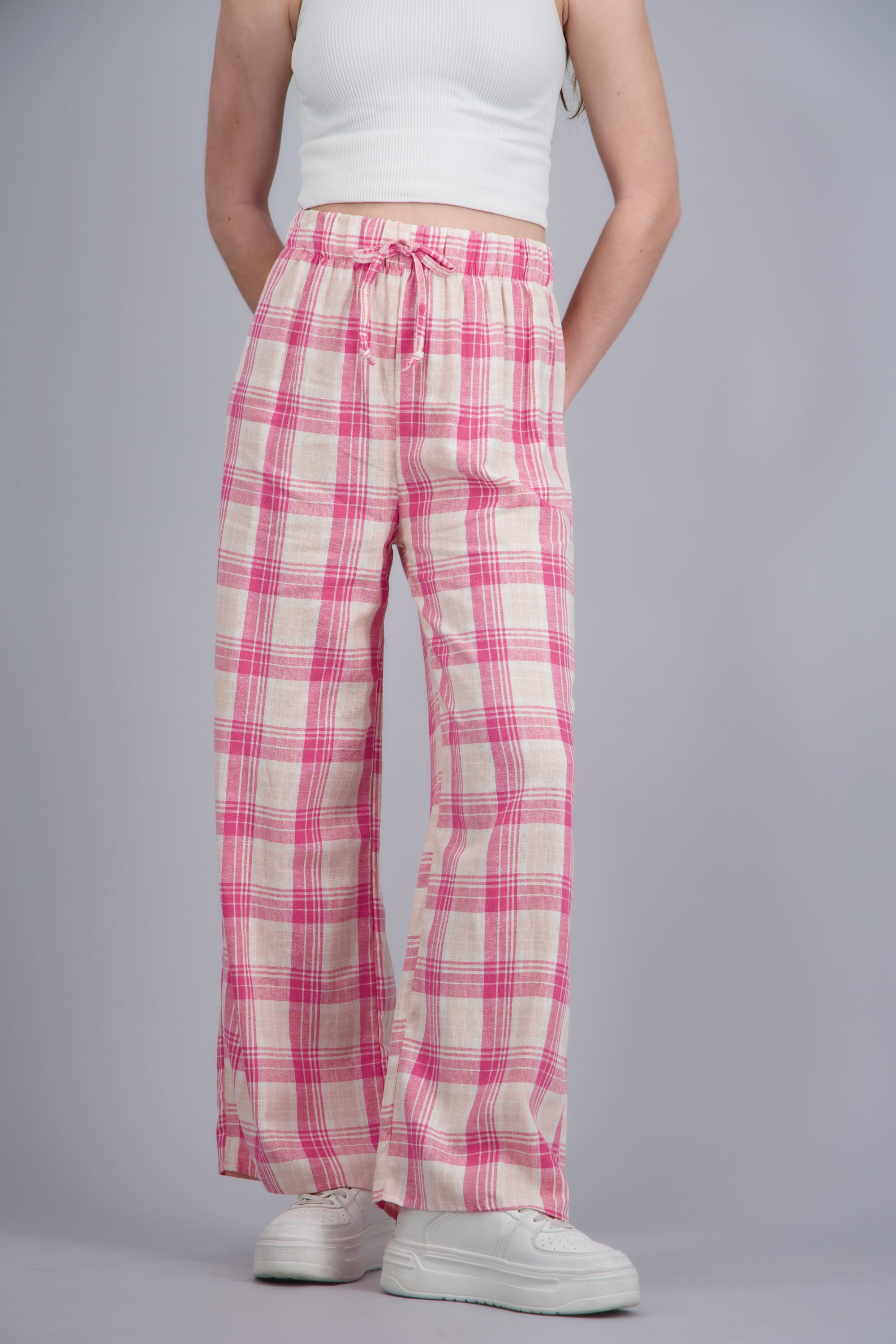 Pantalon wide leg detalle resorte cuadros ROSA COMBO
