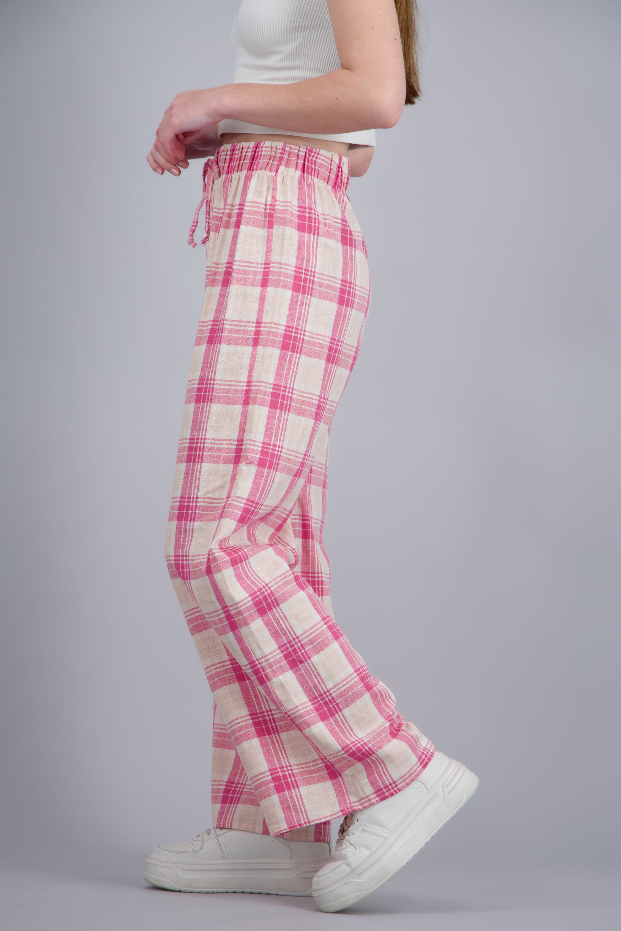 Pantalon wide leg detalle resorte cuadros ROSA COMBO