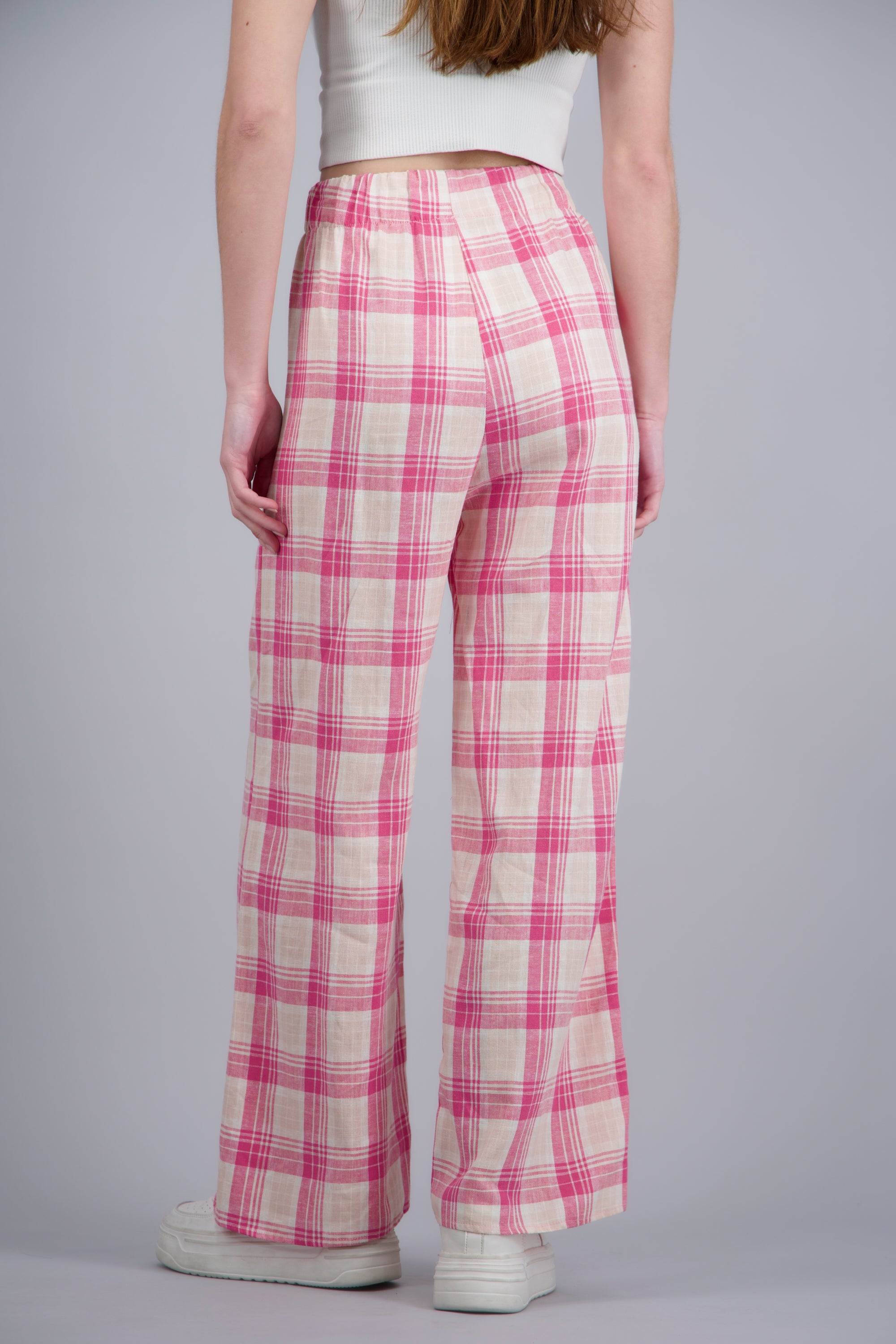 Pantalon wide leg detalle resorte cuadros ROSA COMBO