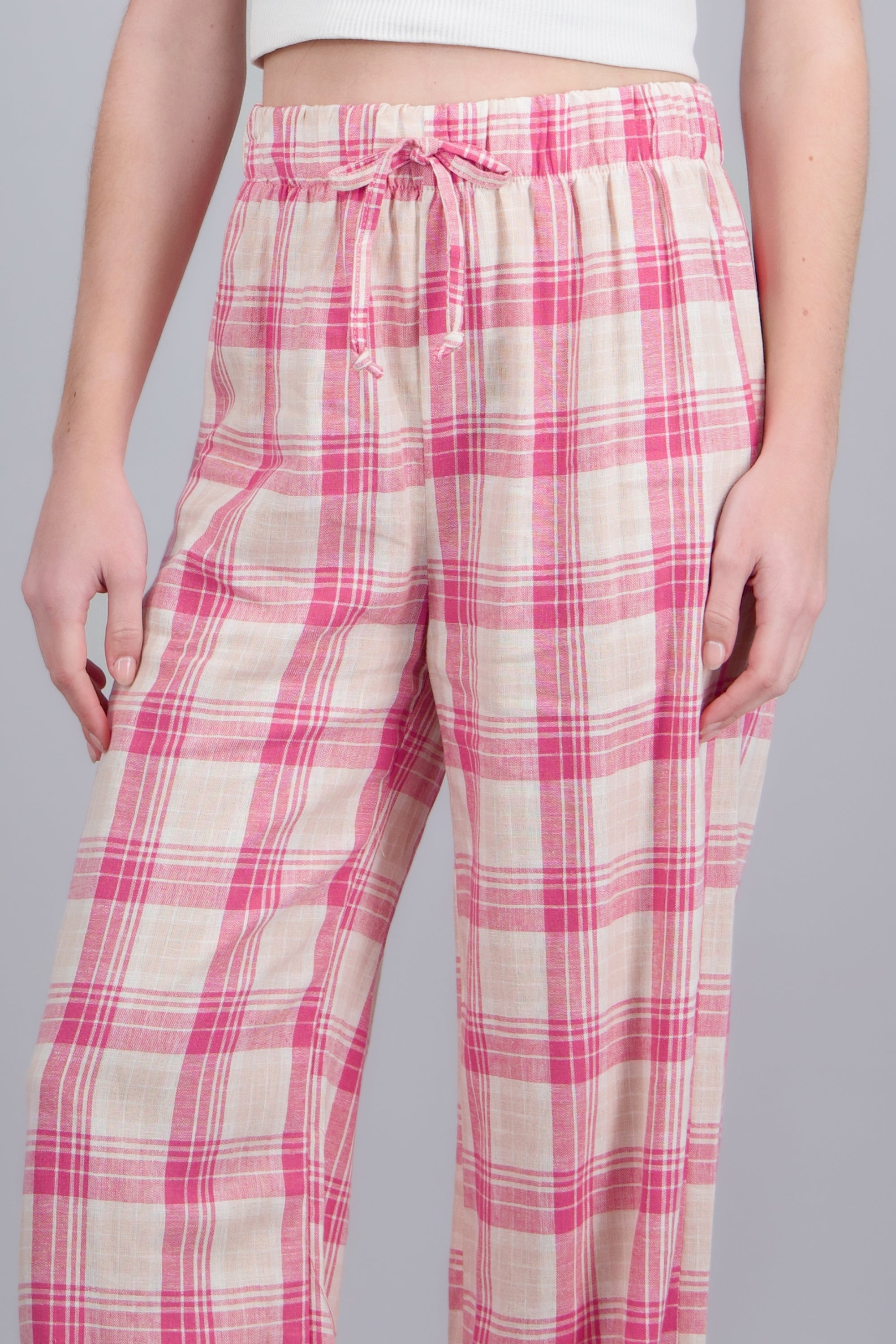 Pantalon wide leg detalle resorte cuadros ROSA COMBO