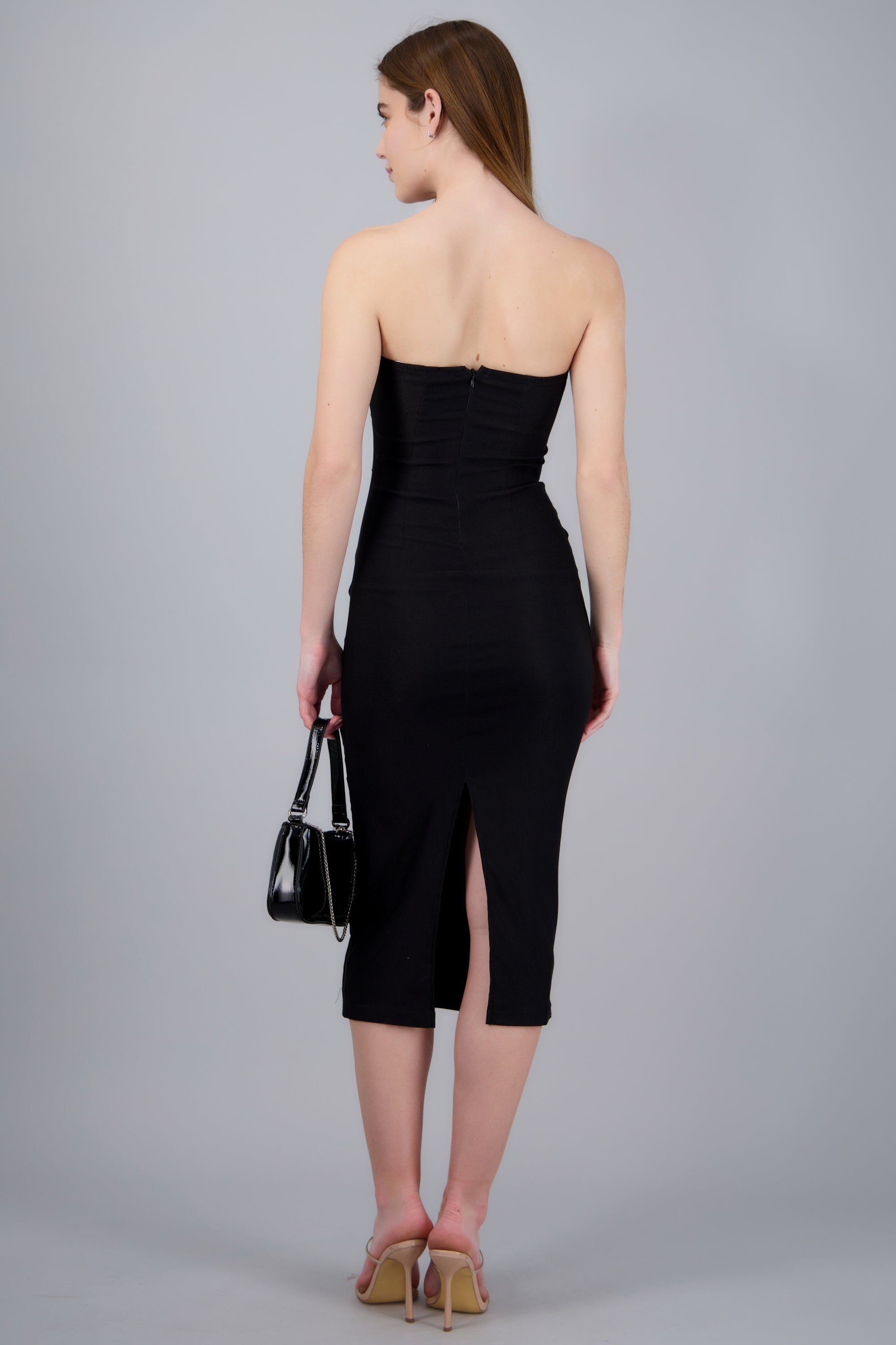 Vestido midi strapless drapeado NEGRO