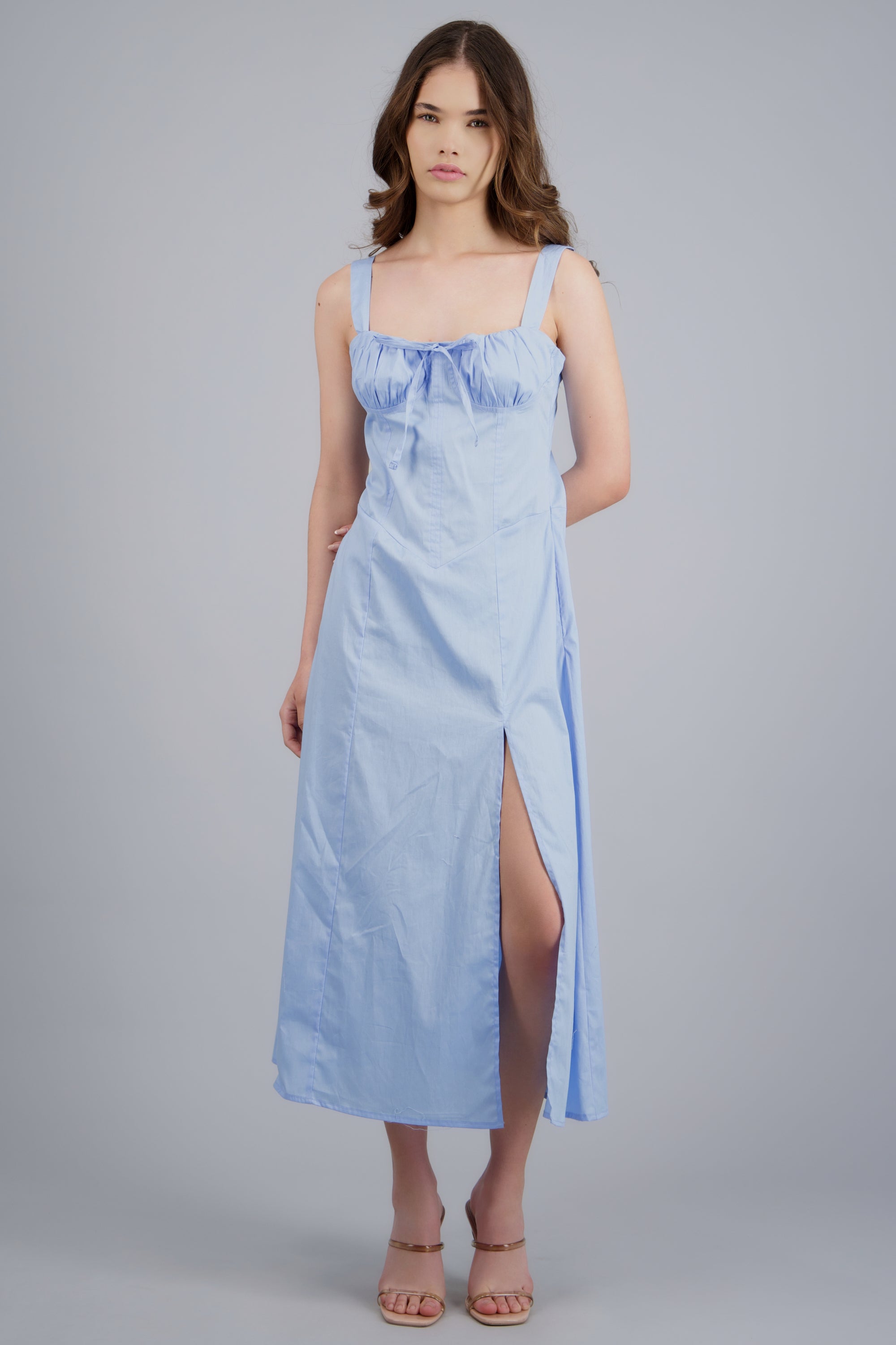 VESTIDO MIDI PLISADO COPAS AZUL CIELO