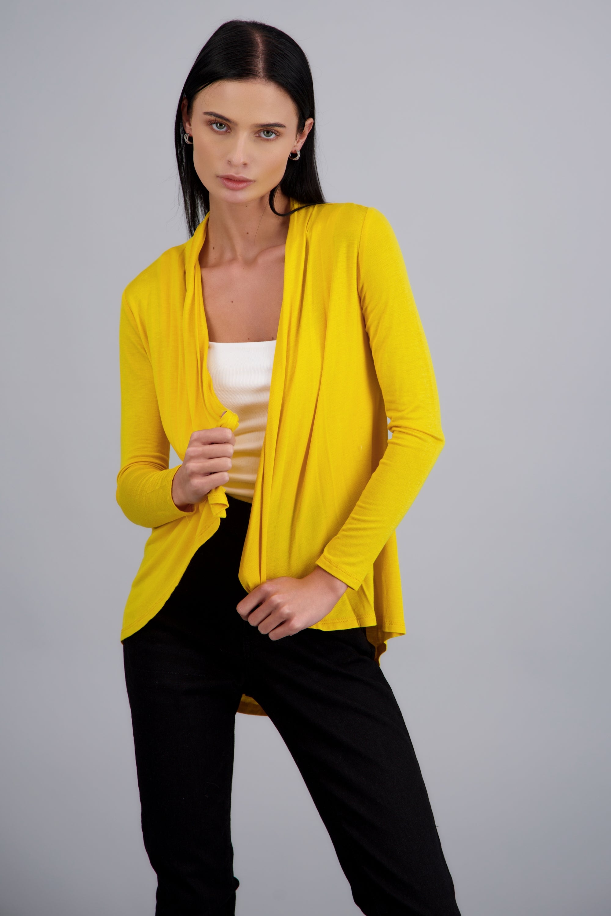 Cárdigan Corto Caída Cascada Manga Larga MOSTAZA