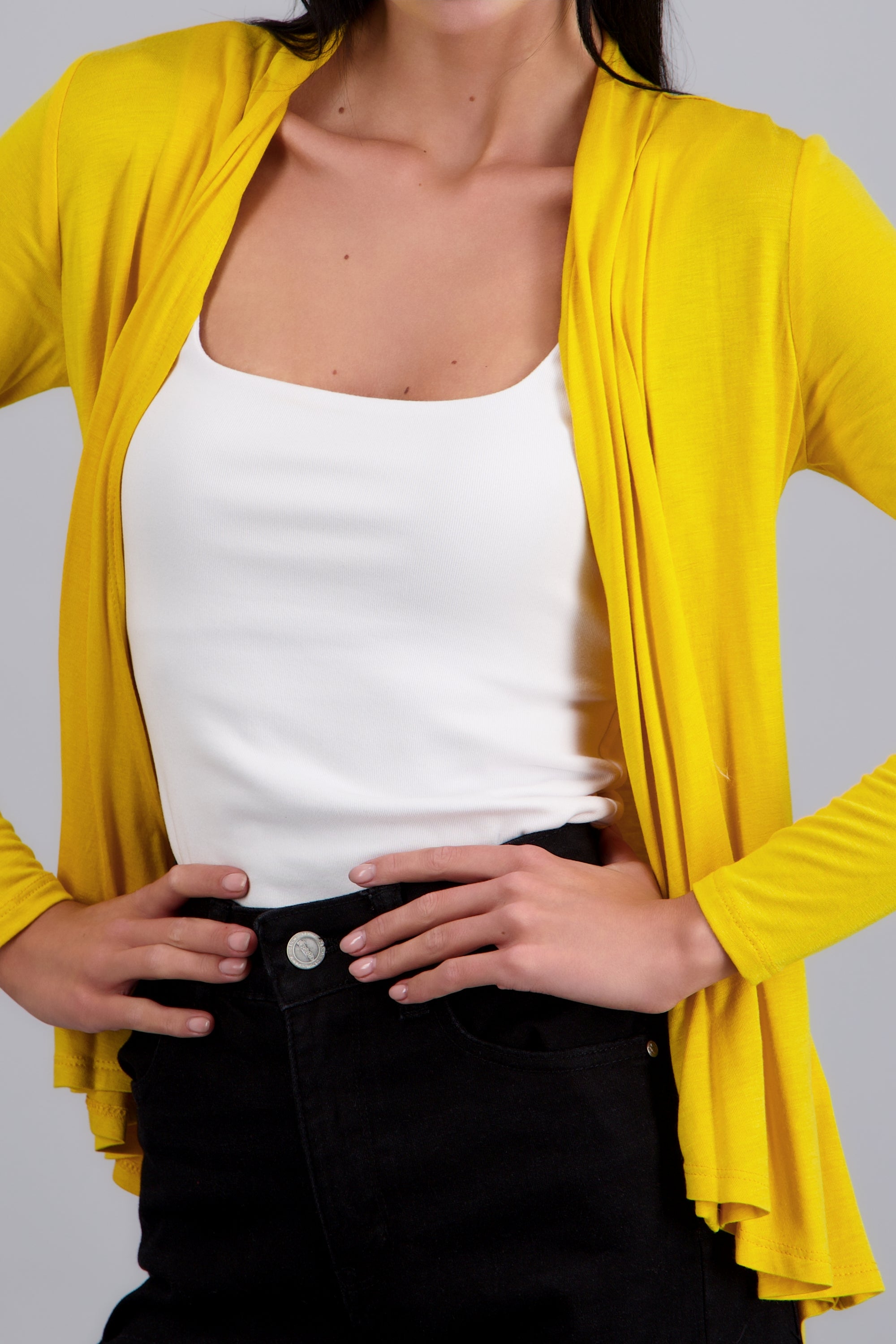 Cárdigan Corto Caída Cascada Manga Larga MOSTAZA