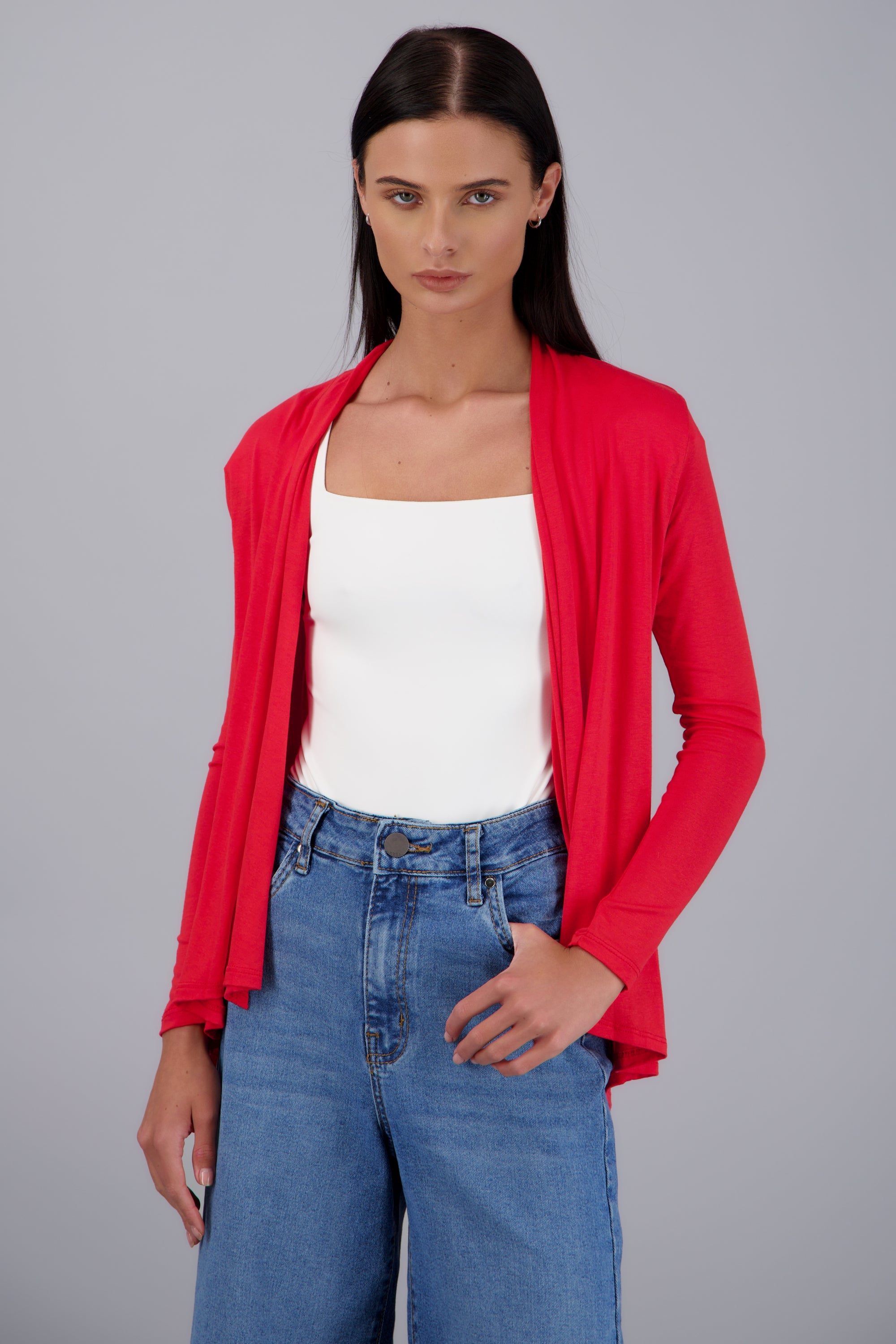 Cárdigan Corto Caída Cascada Manga Larga ROJO TOMATE