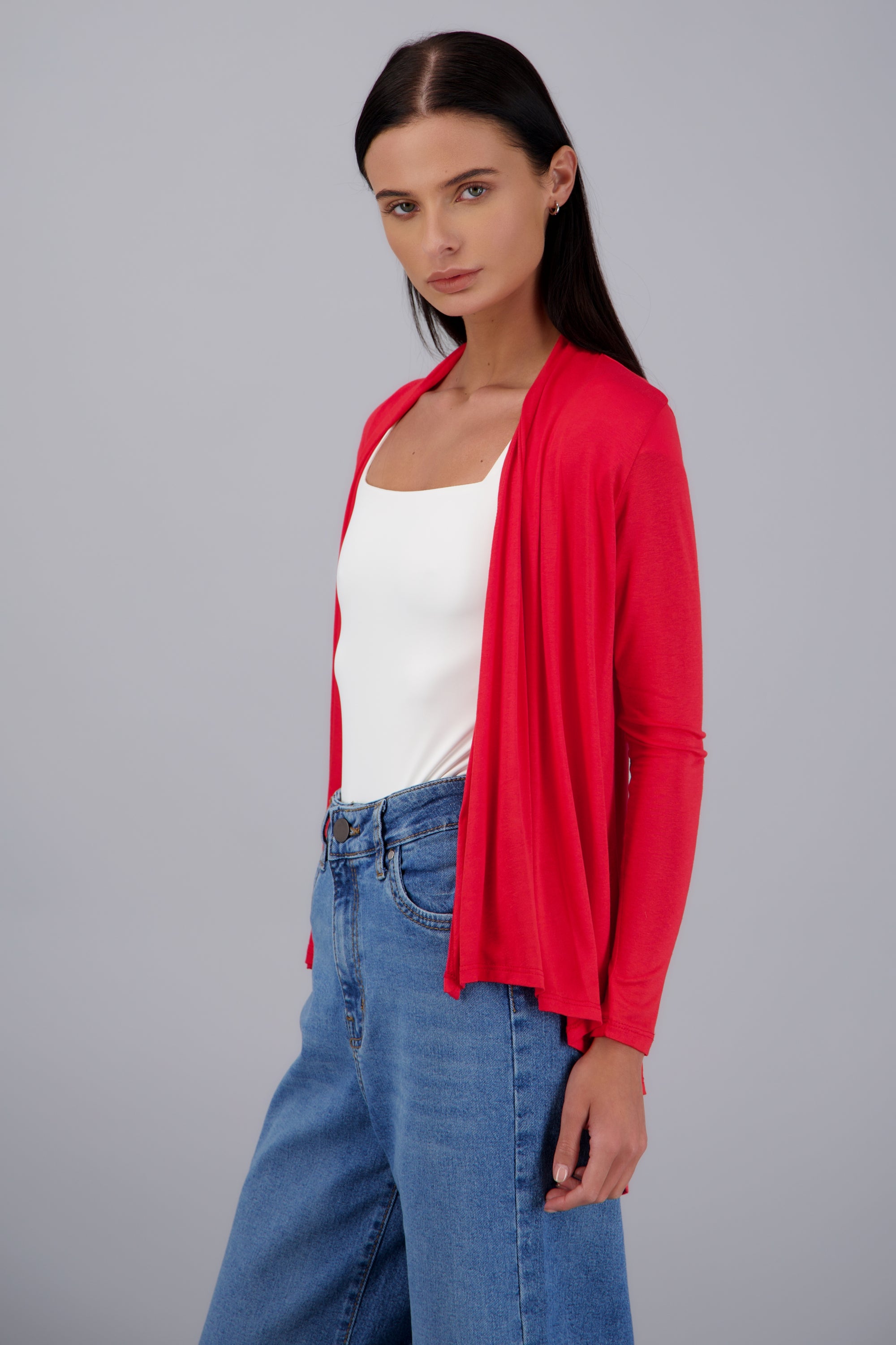 Cárdigan Corto Caída Cascada Manga Larga ROJO TOMATE