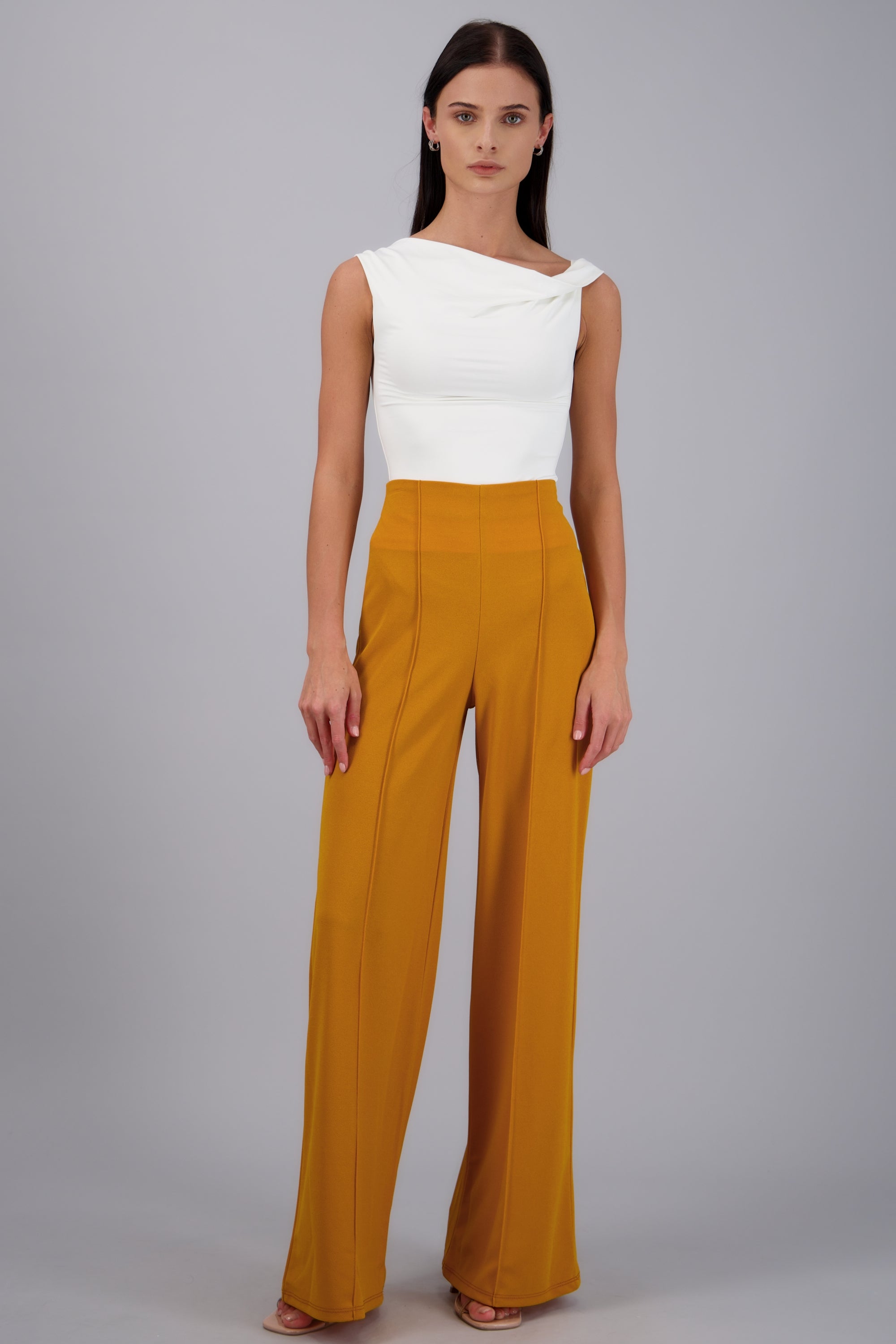 Pantalón Wide Leg Cintura Alta Costuras MOSTAZA