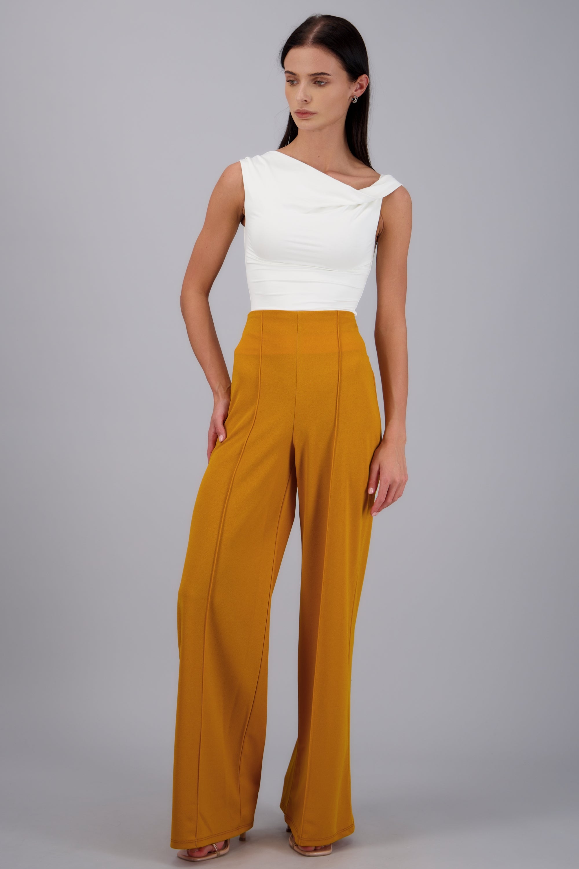 Pantalón Wide Leg Cintura Alta Costuras MOSTAZA