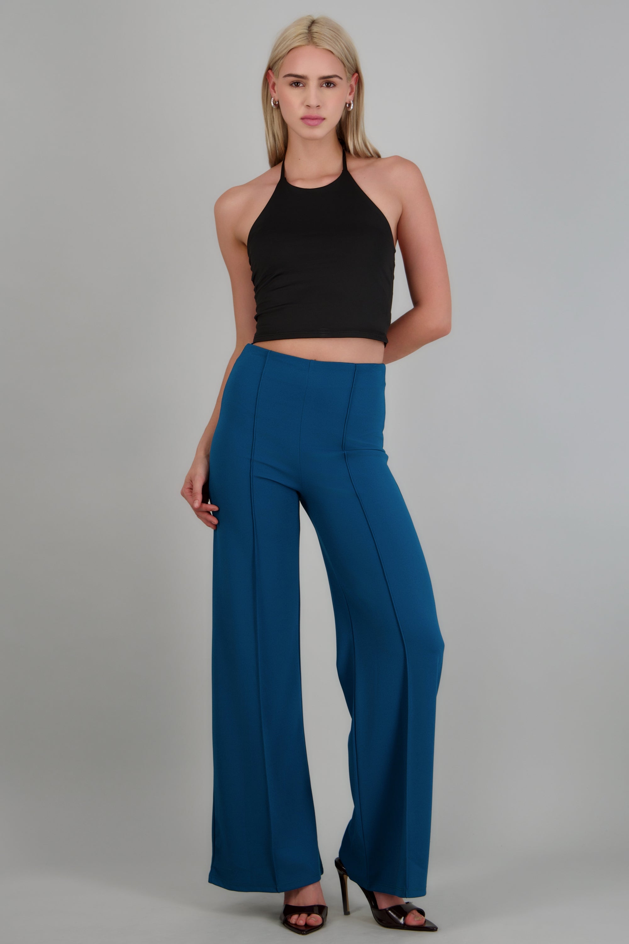 Pantalón Wide Leg Cintura Alta Costuras AZUL PATO