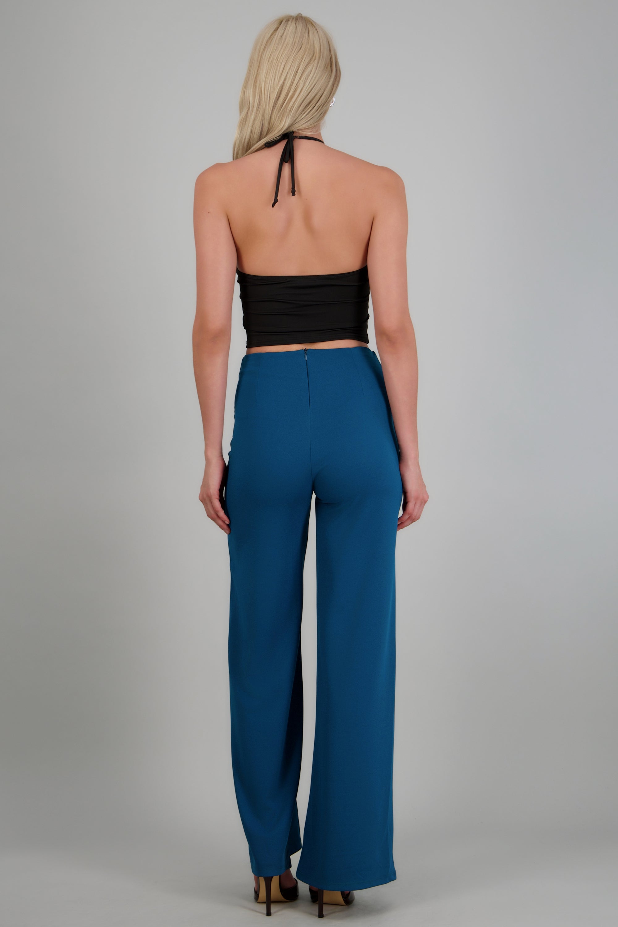 Pantalón Wide Leg Cintura Alta Costuras AZUL PATO