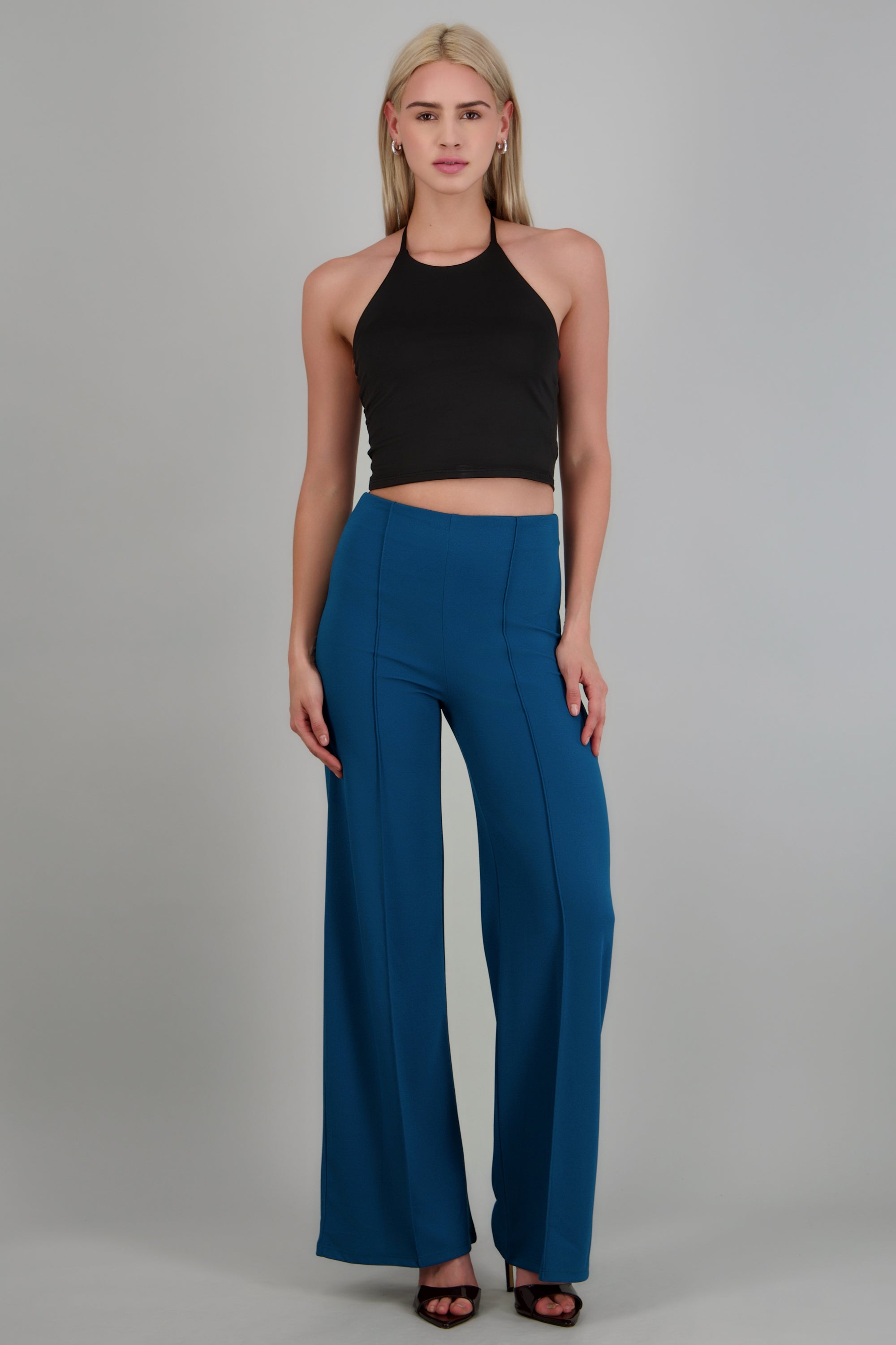 Pantalón Wide Leg Cintura Alta Costuras AZUL PATO