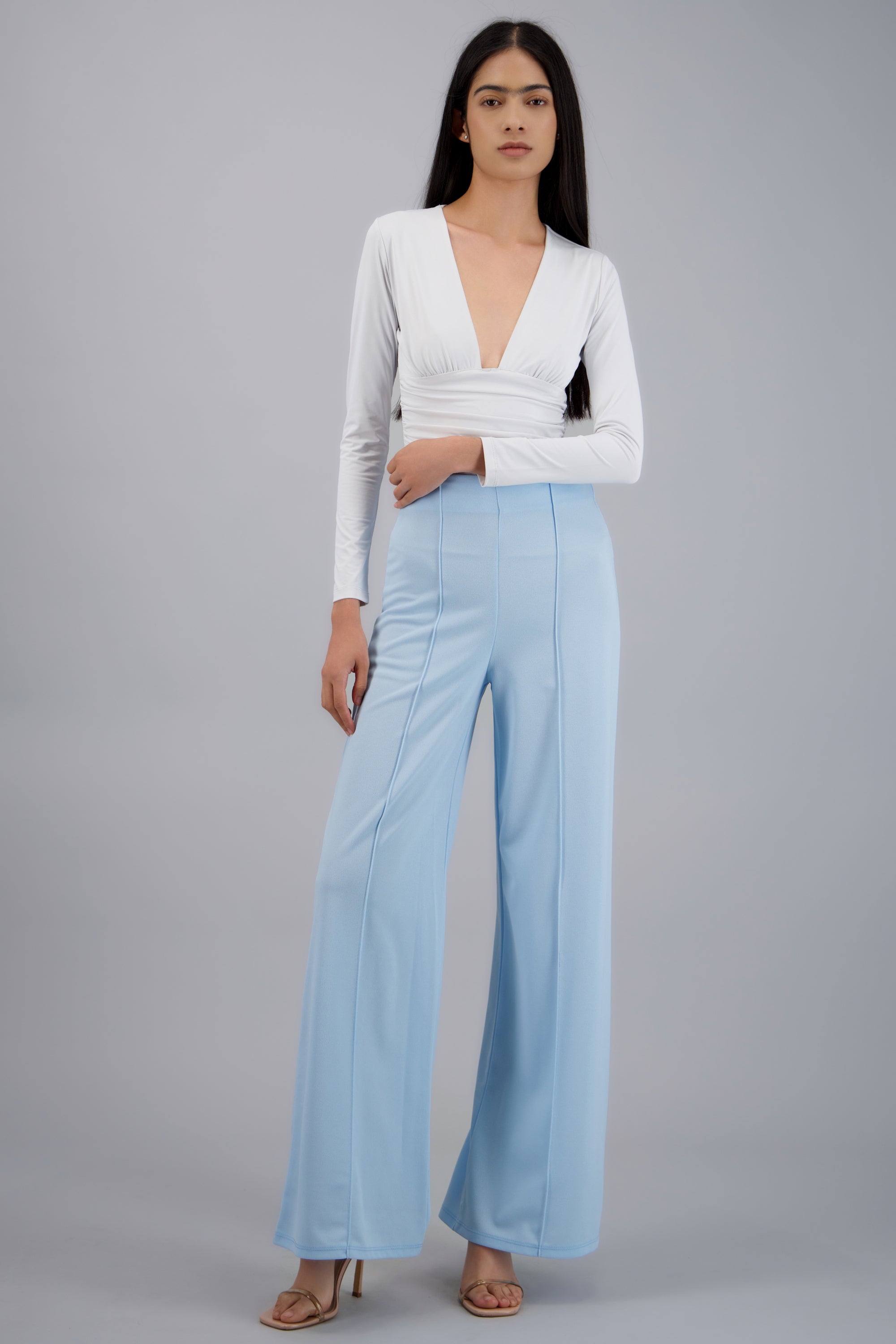 Pantalón Wide Leg Cintura Alta Costuras AZUL PASTEL