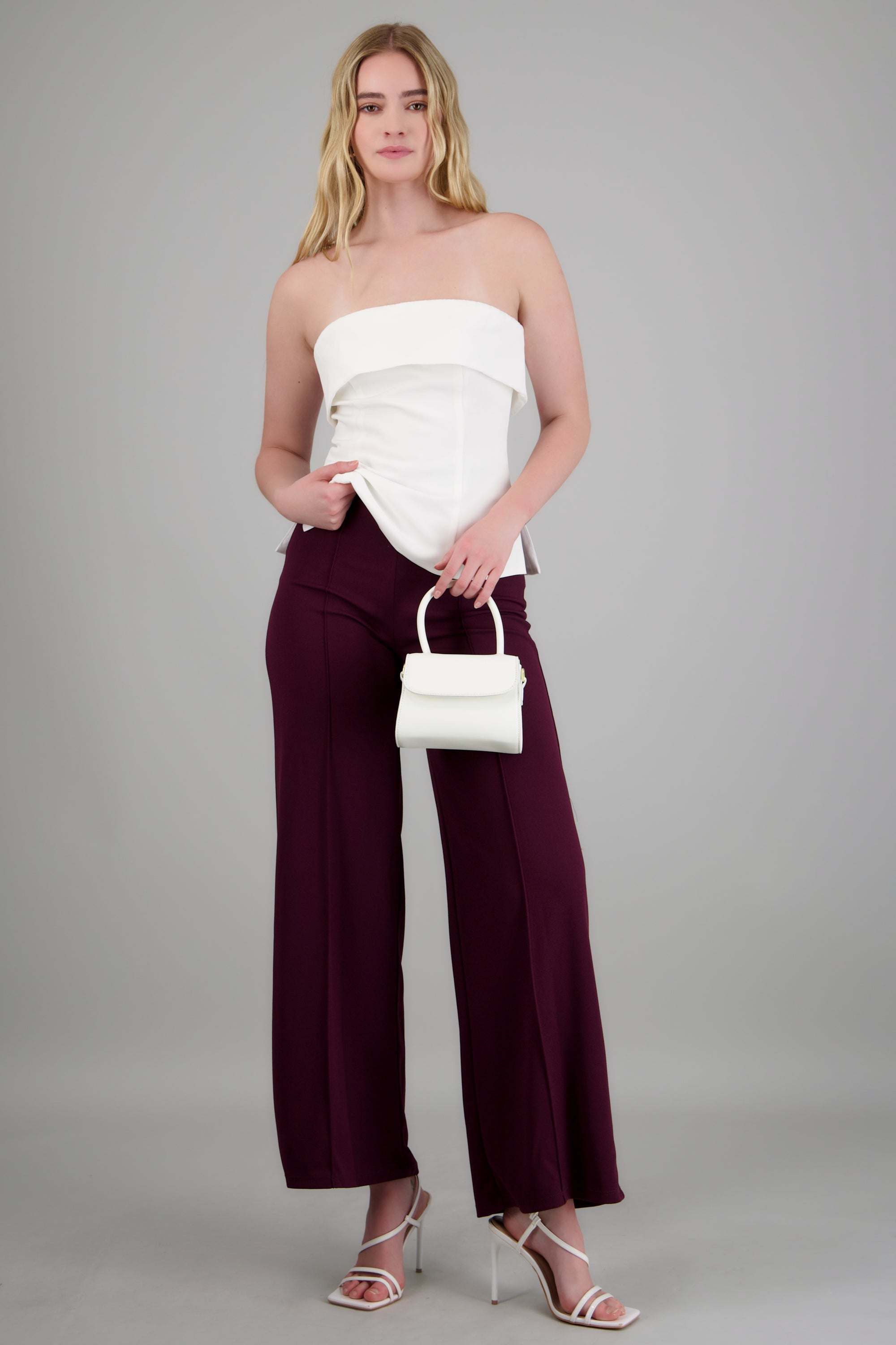 Pantalón Wide Leg Cintura Alta Costuras CIRUELA