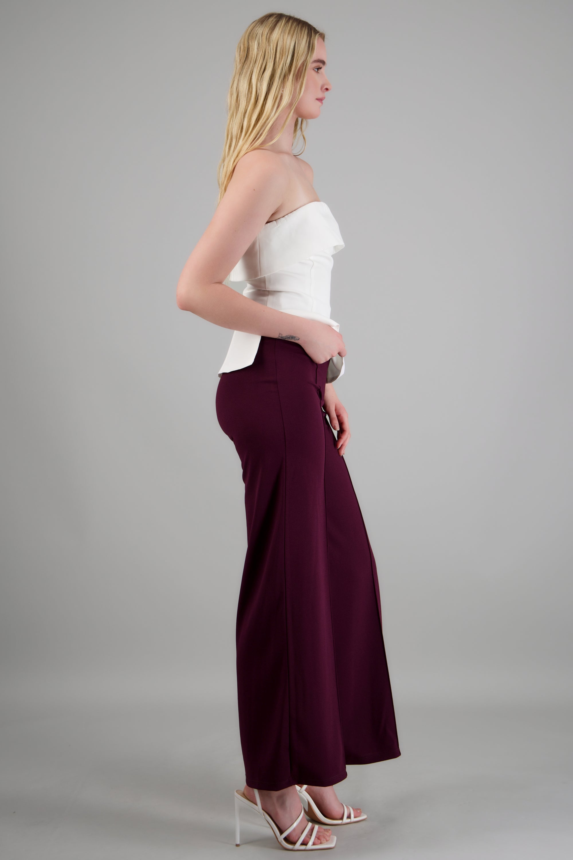 Pantalón Wide Leg Cintura Alta Costuras CIRUELA