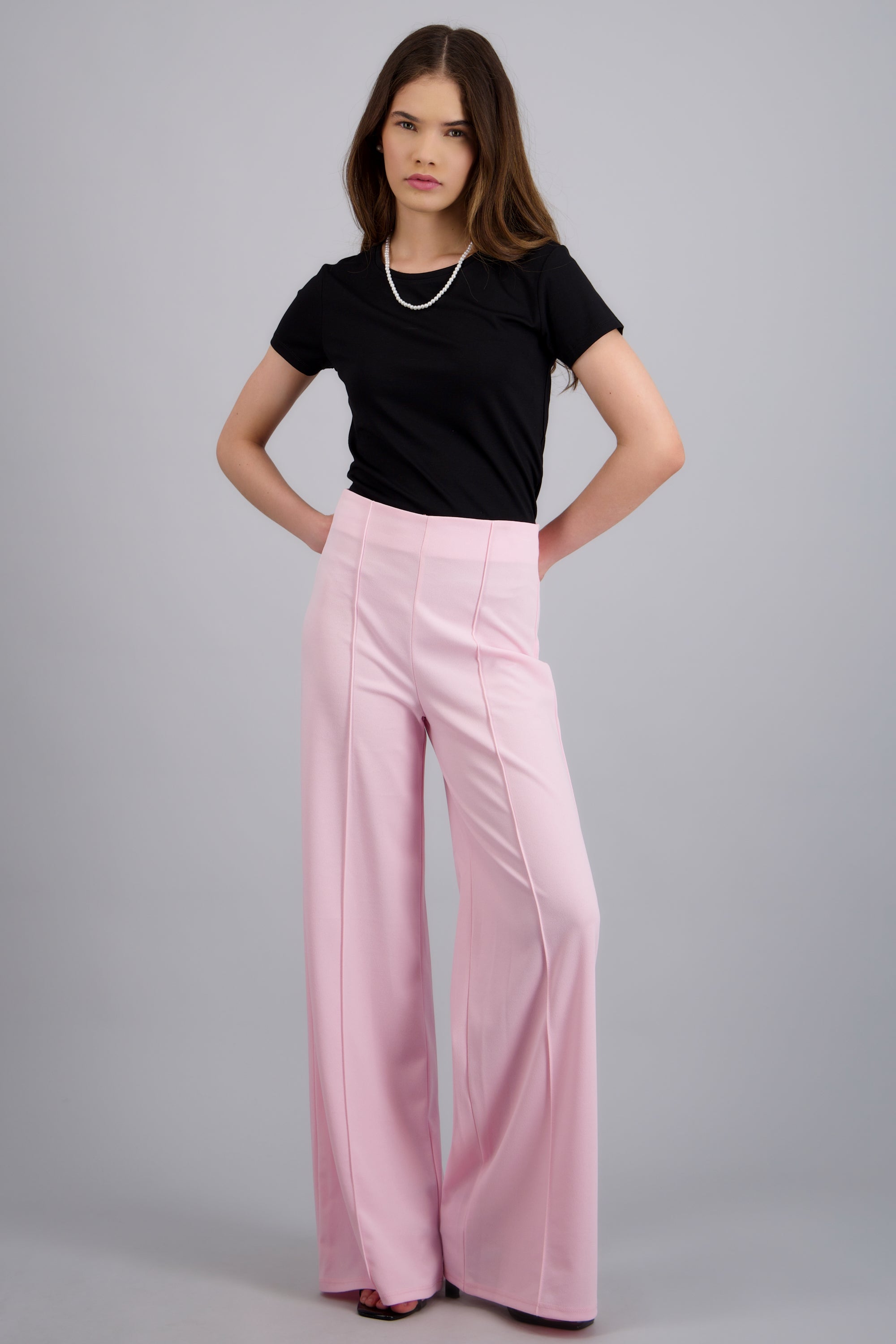 Pantalón Wide Leg Cintura Alta Costuras ROSA PASTEL