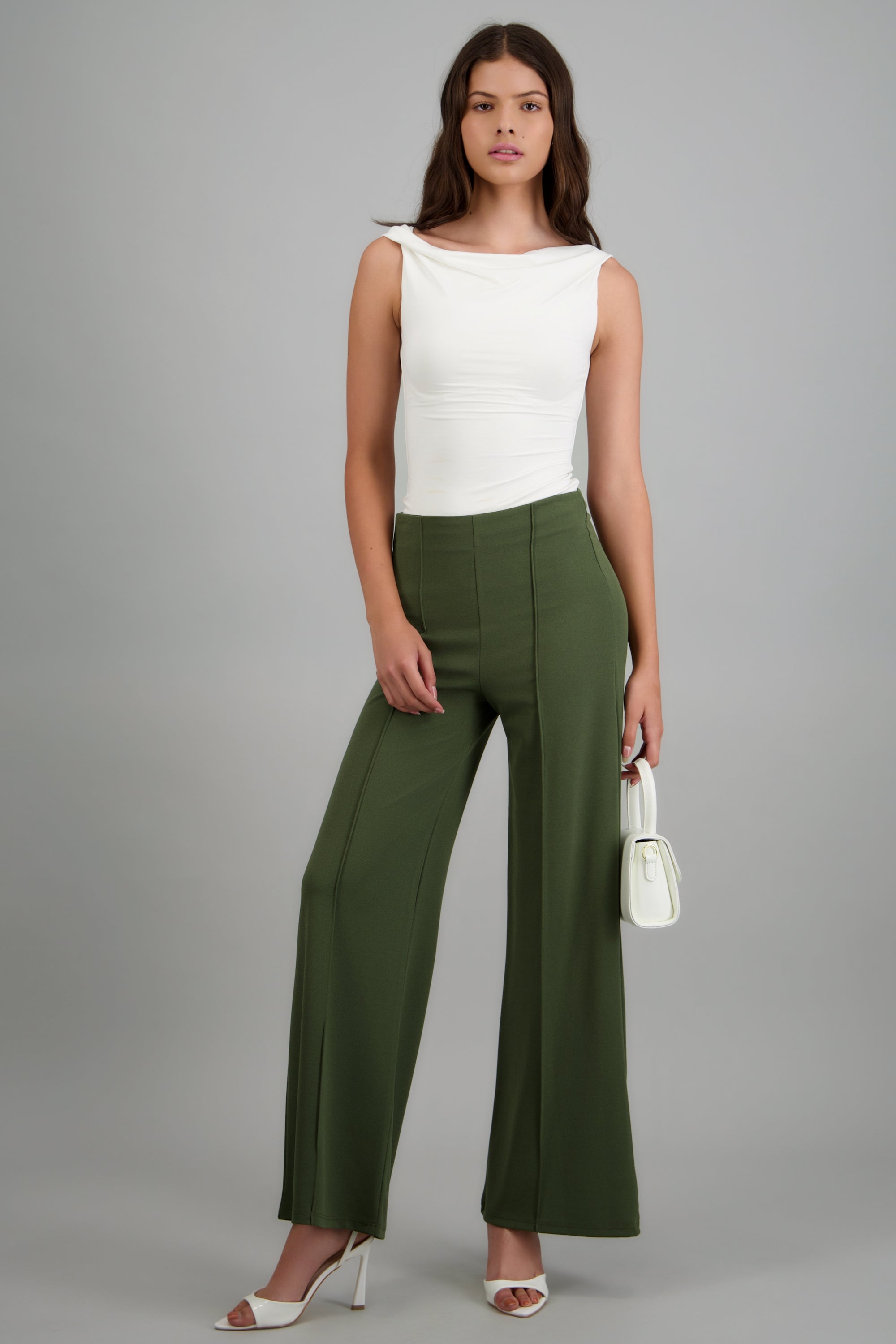 Pantalón Wide Leg Cintura Alta Costuras OLIVO