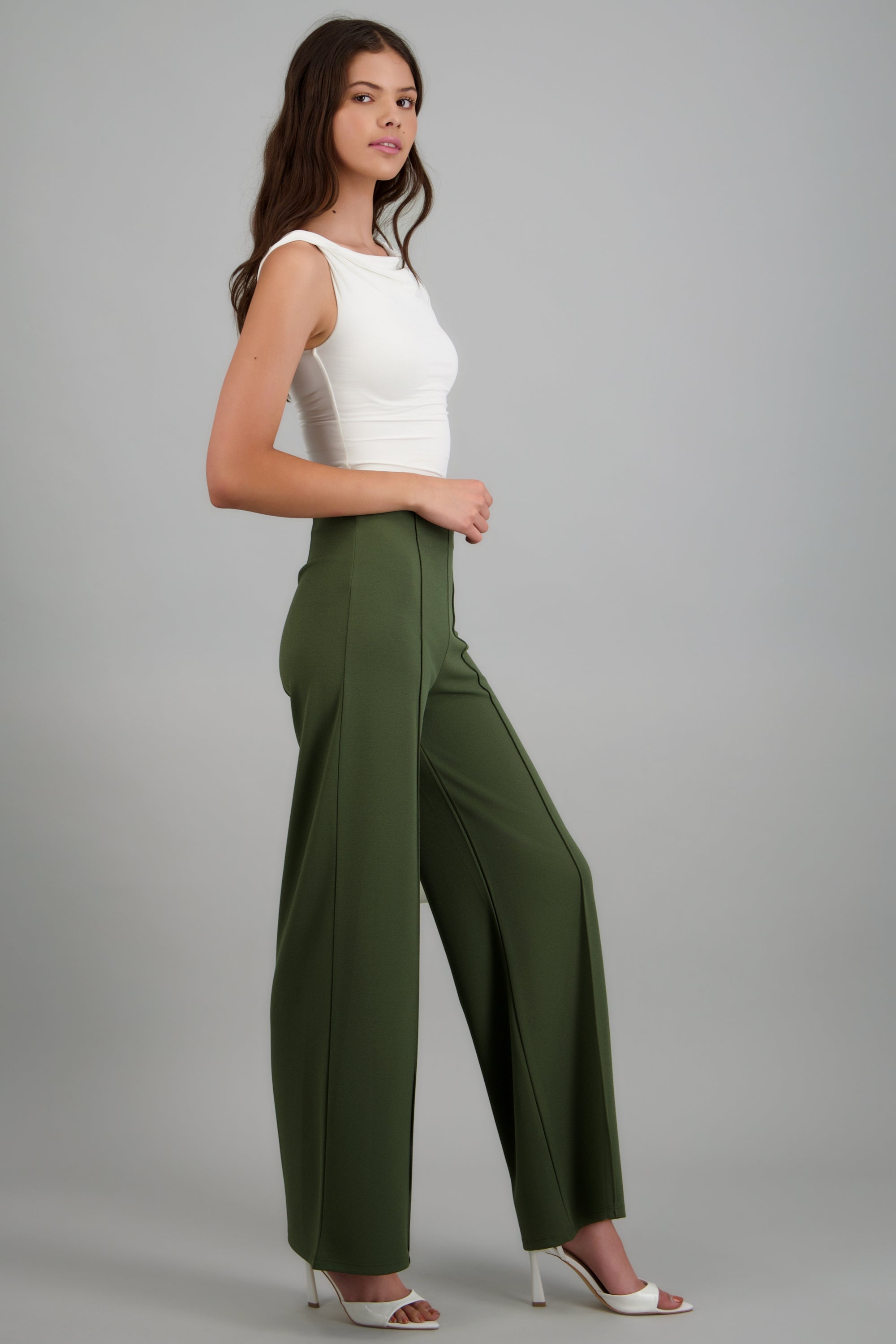 Pantalón Wide Leg Cintura Alta Costuras OLIVO